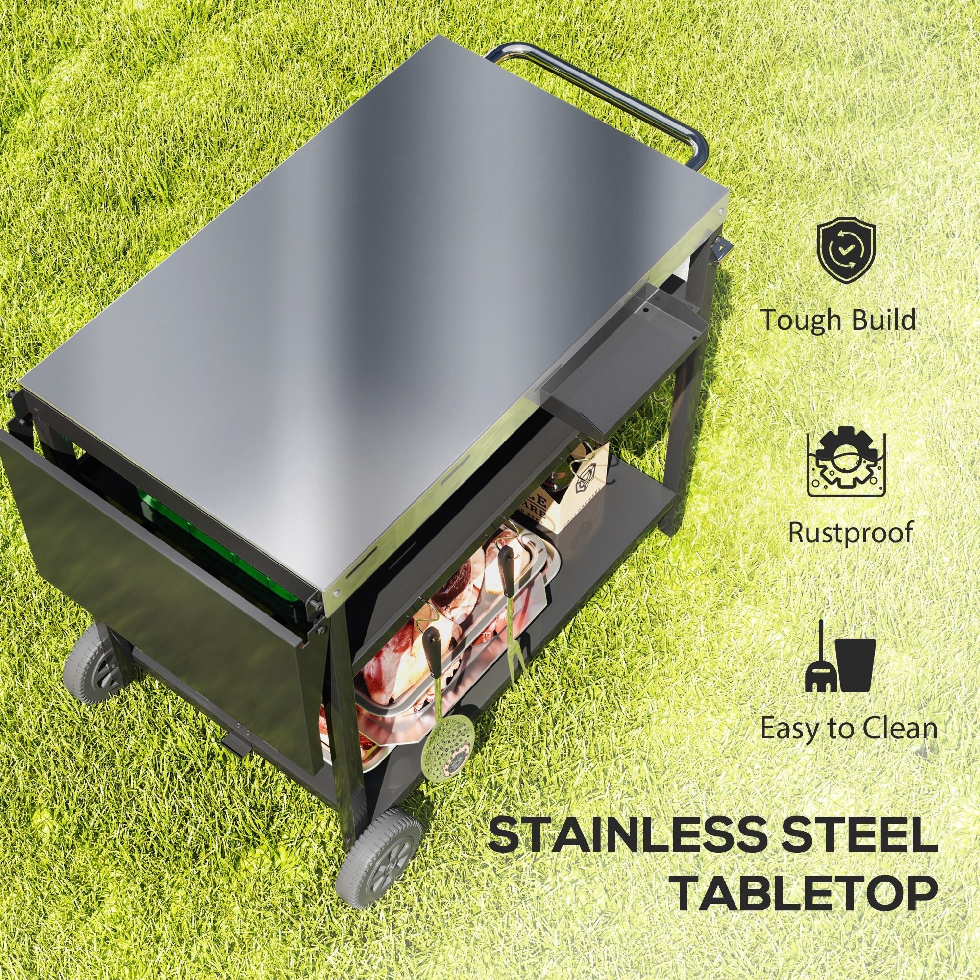 Outsunny Outdoor Bar Cart Grill Table with Stainless Steel Tabletop, Wheeled Outdoor Serving Cart Prep Table with Storage, Hooks - Comfortable Living Decor