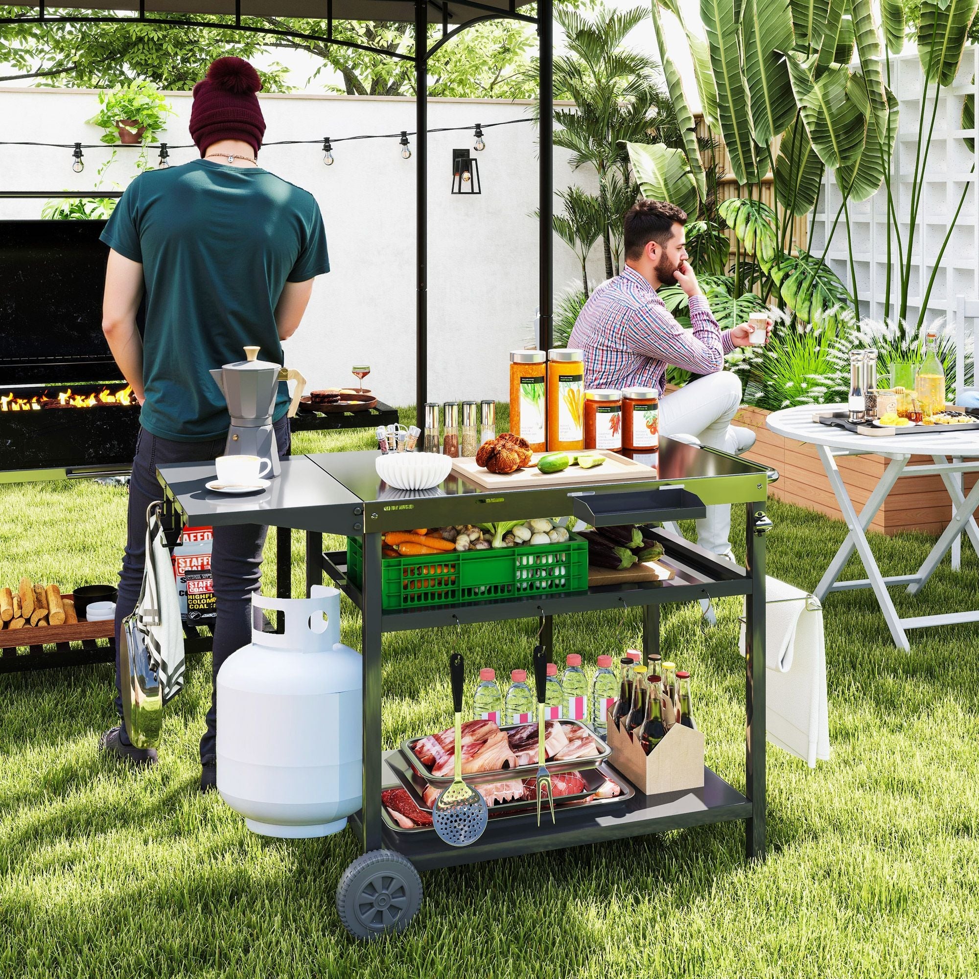Outsunny Outdoor Bar Cart Grill Table with Stainless Steel Tabletop, Wheeled Outdoor Serving Cart Prep Table with Storage, Hooks - Comfortable Living Decor