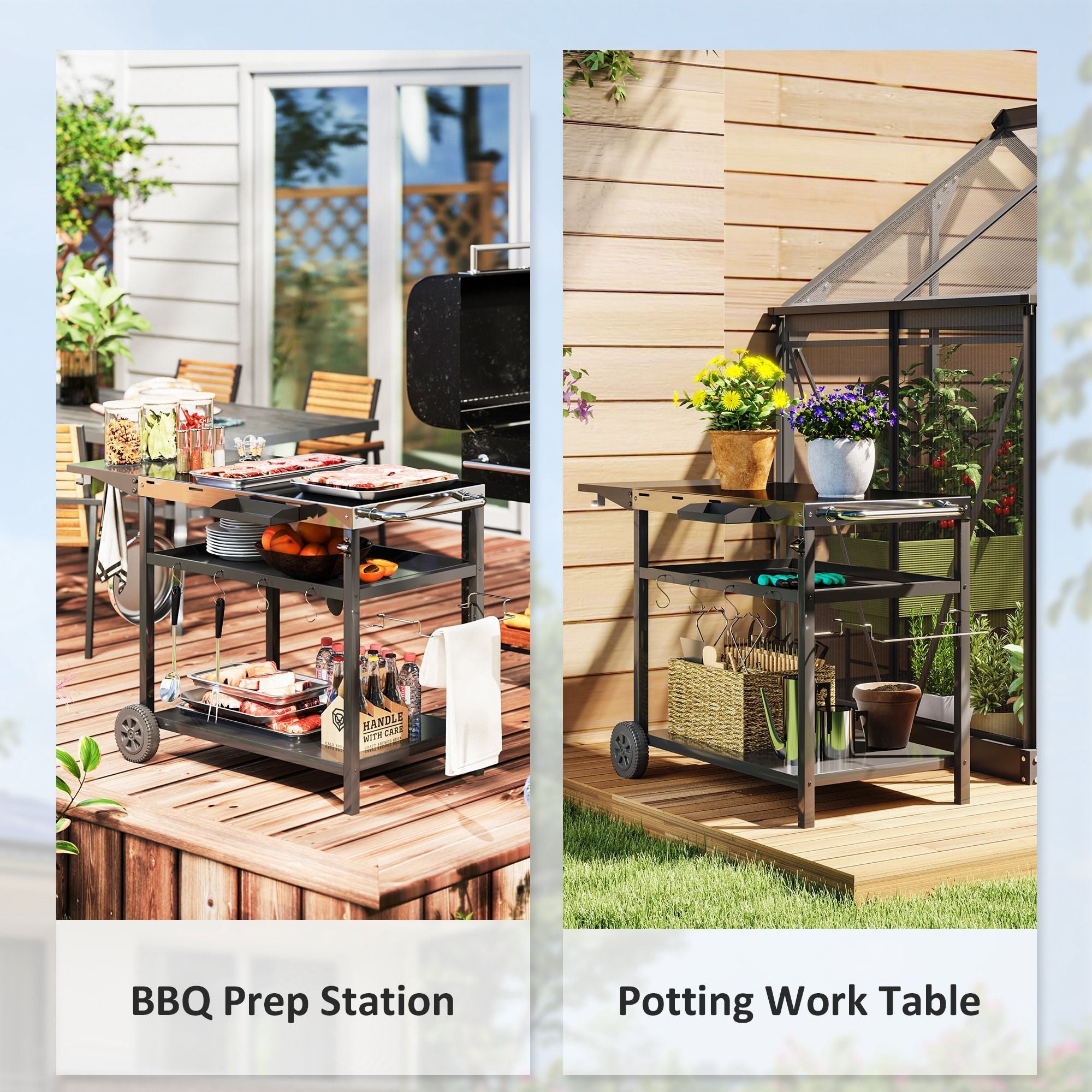 Outsunny Outdoor Bar Cart Grill Table with Stainless Steel Tabletop, Wheeled Outdoor Serving Cart Prep Table with Storage, Hooks - Comfortable Living Decor