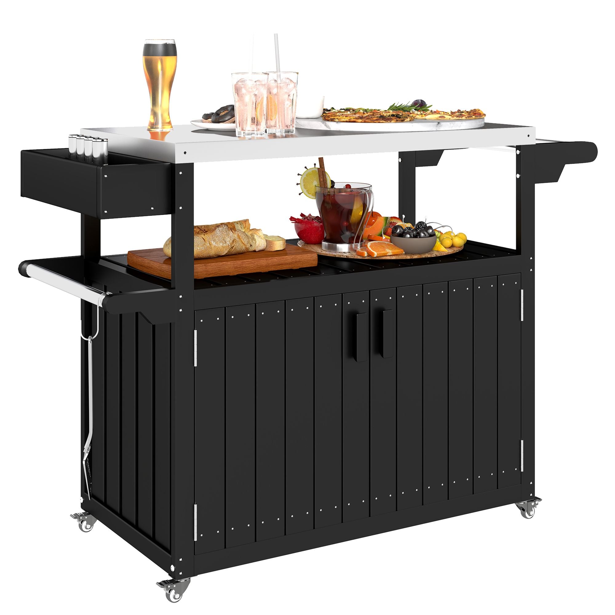 Outsunny Outdoor Bar Cart with Storage, Stainless Steel Outdoor Bar Table Top, Wheeled HDPE Kitchen Island for Food Prep, Black - Comfortable Living Decor