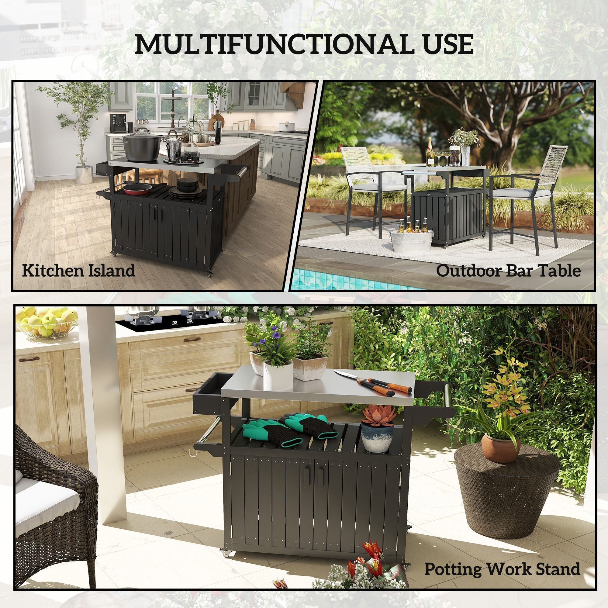 Outsunny Outdoor Bar Cart with Storage, Stainless Steel Outdoor Bar Table Top, Wheeled HDPE Kitchen Island for Food Prep, Black - Comfortable Living Decor