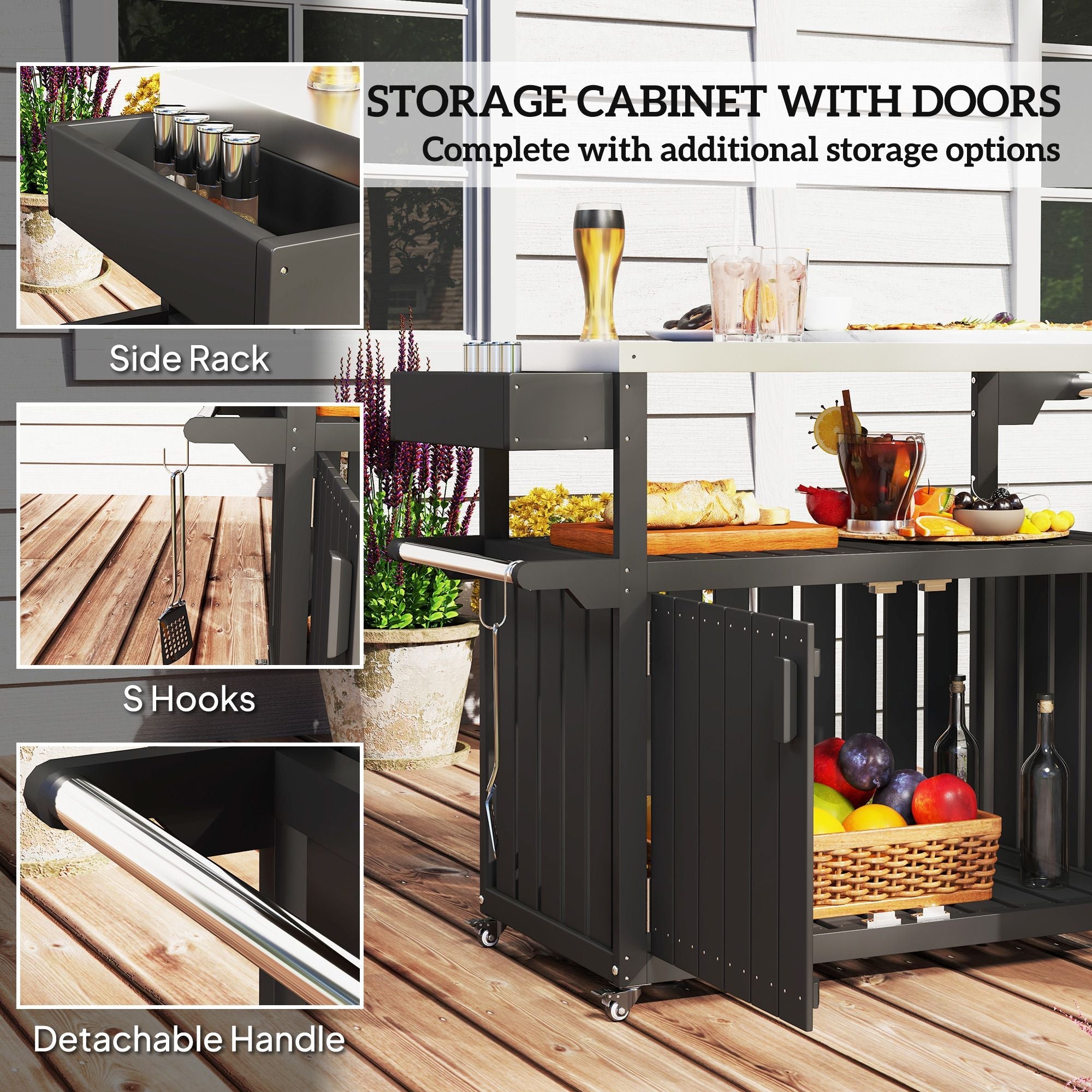 Outsunny Outdoor Bar Cart with Storage, Stainless Steel Outdoor Bar Table Top, Wheeled HDPE Kitchen Island for Food Prep, Black - Comfortable Living Decor