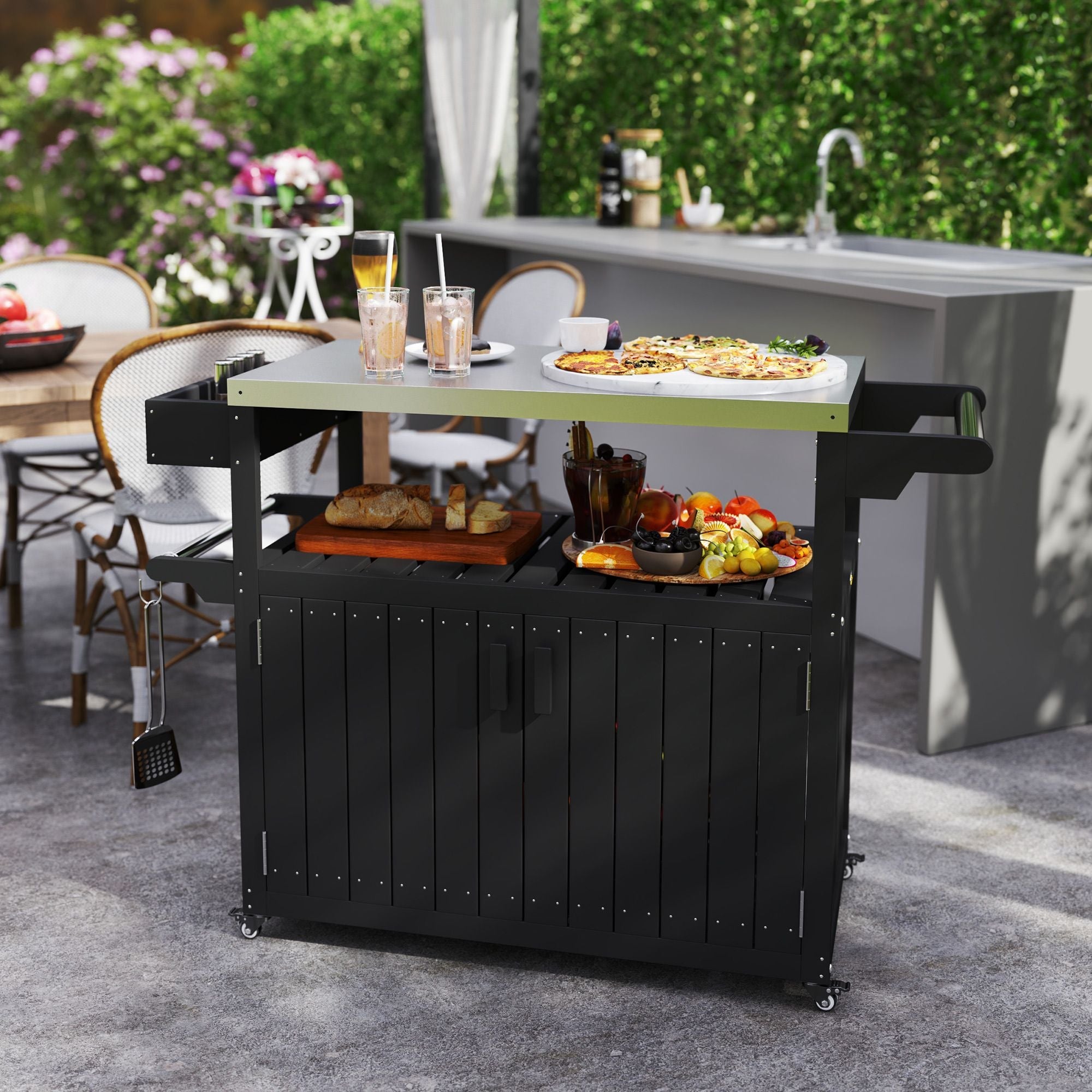 Outsunny Outdoor Bar Cart with Storage, Stainless Steel Outdoor Bar Table Top, Wheeled HDPE Kitchen Island for Food Prep, Black - Comfortable Living Decor
