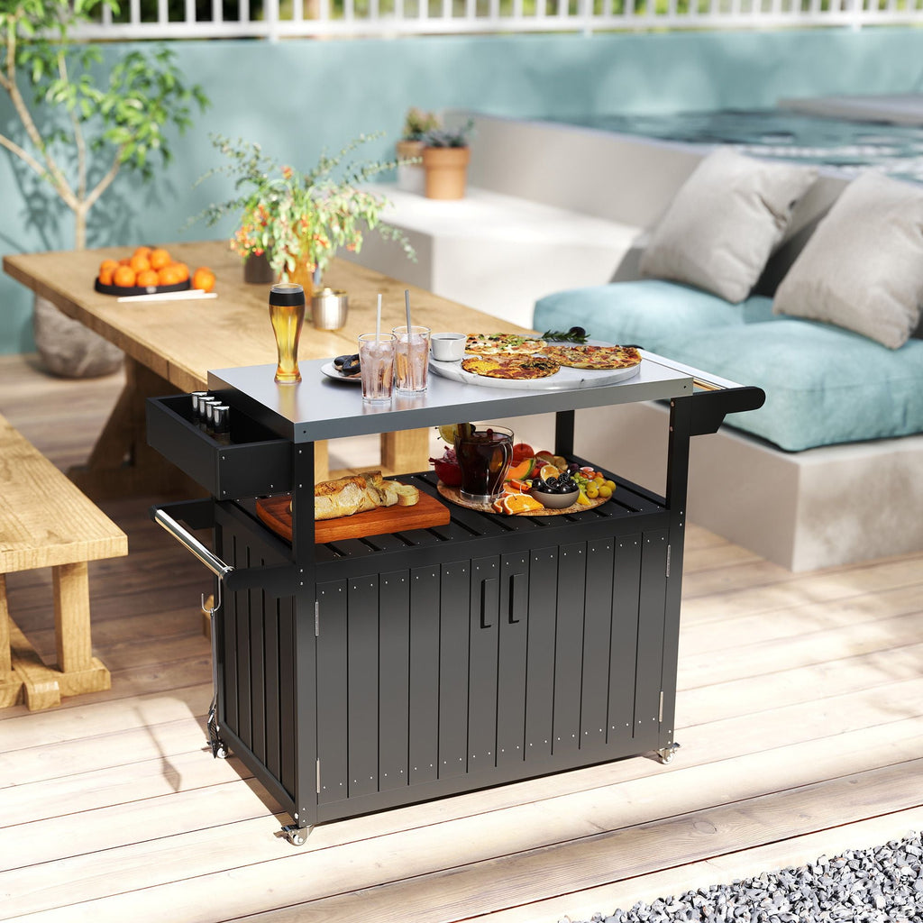 Outsunny Outdoor Bar Cart with Storage, Stainless Steel Outdoor Bar Table Top, Wheeled HDPE Kitchen Island for Food Prep, Black - Comfortable Living Decor