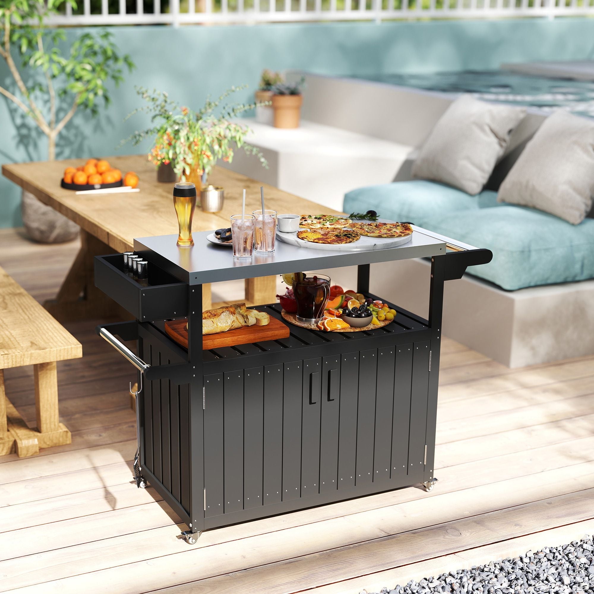 Outsunny Outdoor Bar Cart with Storage, Stainless Steel Outdoor Bar Table Top, Wheeled HDPE Kitchen Island for Food Prep, Black - Comfortable Living Decor