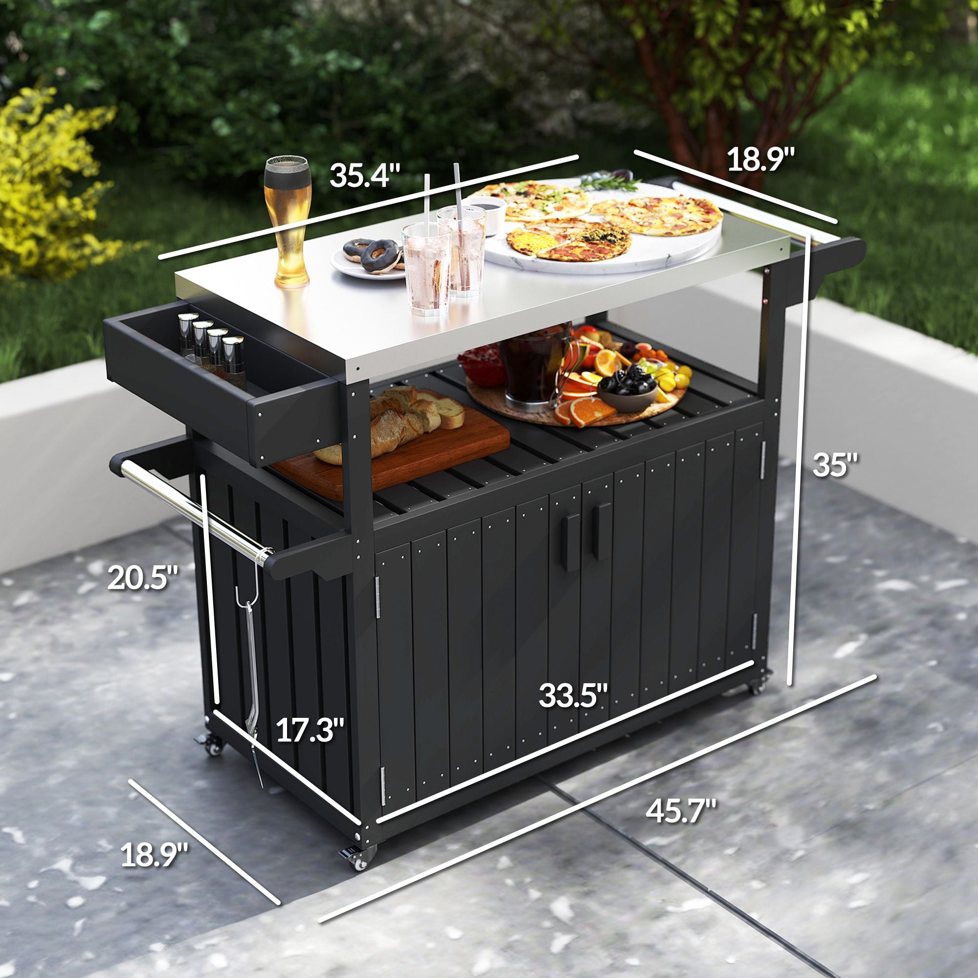Outsunny Outdoor Bar Cart with Storage, Stainless Steel Outdoor Bar Table Top, Wheeled HDPE Kitchen Island for Food Prep, Black - Comfortable Living Decor