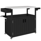 Outsunny Outdoor Bar Cart with Storage, Stainless Steel Outdoor Bar Table Top, Wheeled HDPE Kitchen Island for Food Prep, Black - Comfortable Living Decor