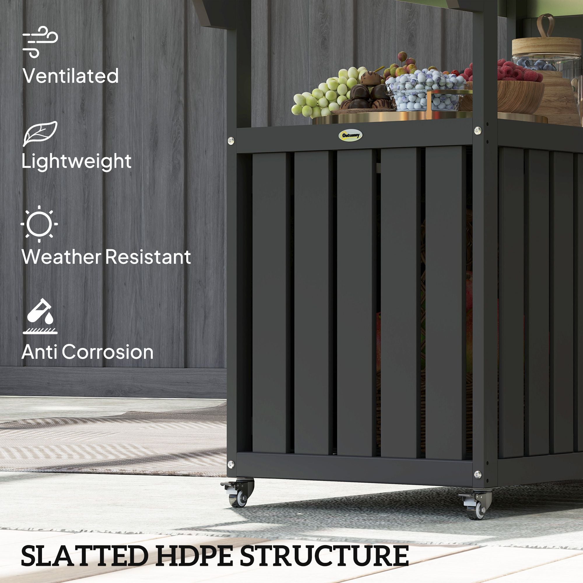 Outsunny Outdoor Bar Cart with Storage, Stainless Steel Outdoor Bar Table Top, Wheeled HDPE Kitchen Island for Food Prep, Black - Comfortable Living Decor