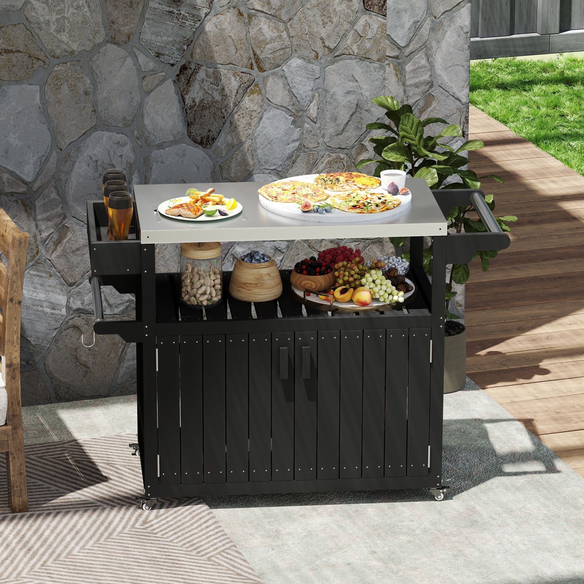 Outsunny Outdoor Bar Cart with Storage, Stainless Steel Outdoor Bar Table Top, Wheeled HDPE Kitchen Island for Food Prep, Black - Comfortable Living Decor