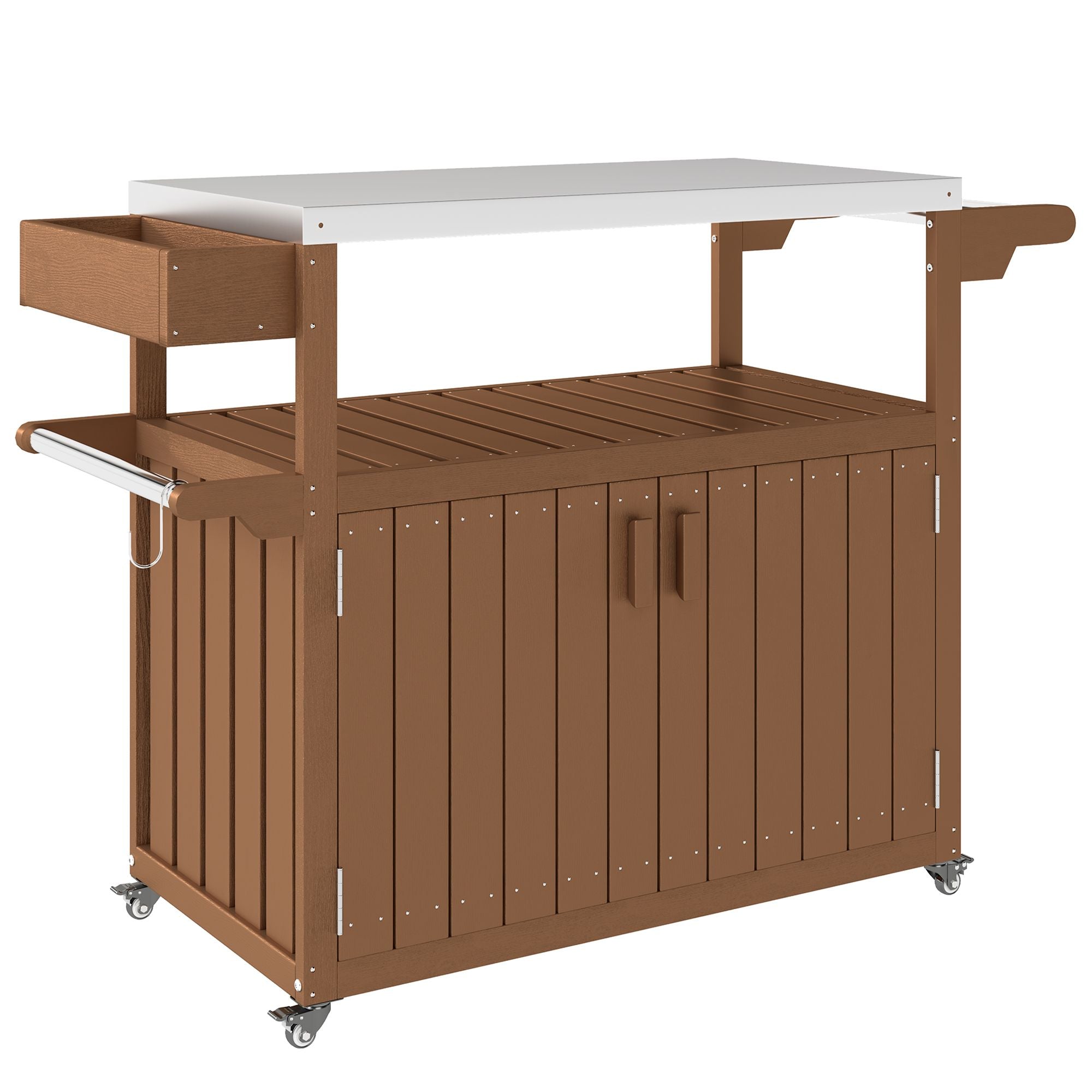 Outsunny Outdoor Bar Cart with Storage, Stainless Steel Outdoor Bar Table Top, Wheeled HDPE Kitchen Island for Food Prep, Brown - Comfortable Living Decor