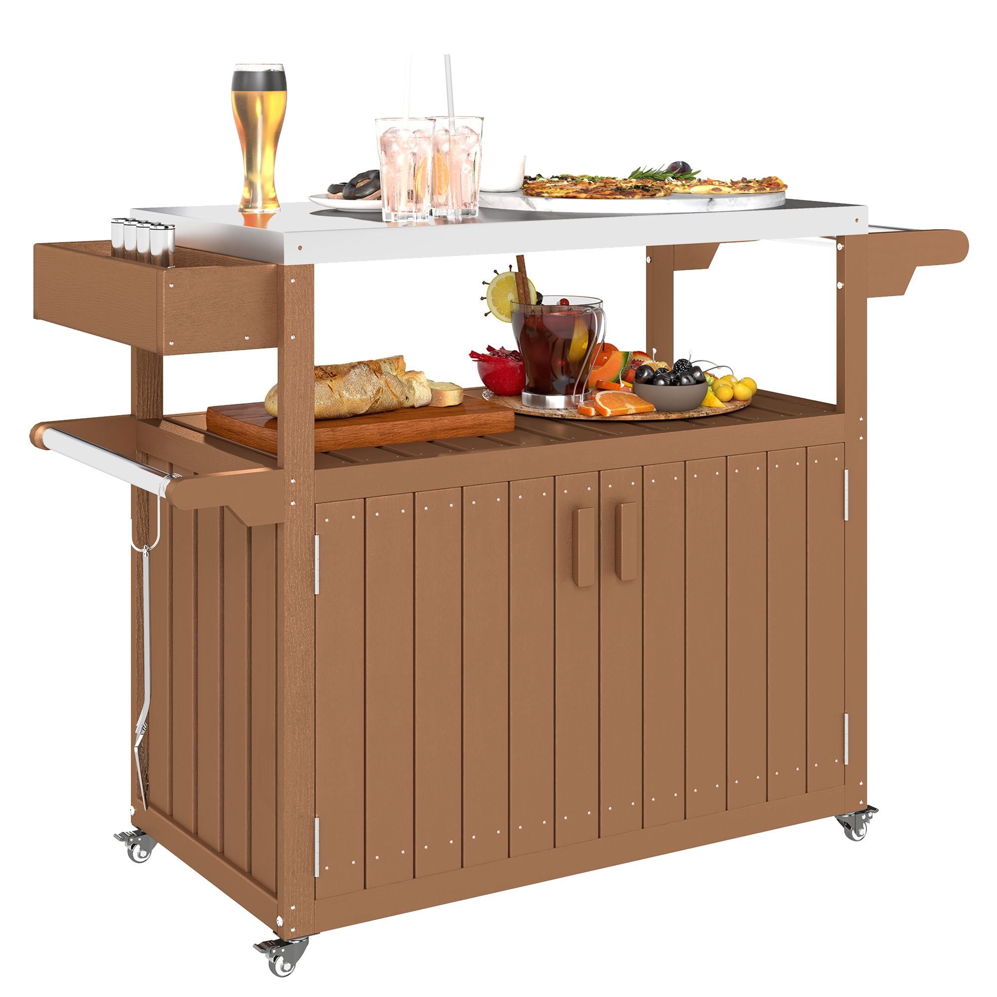 Outsunny Outdoor Bar Cart with Storage, Stainless Steel Outdoor Bar Table Top, Wheeled HDPE Kitchen Island for Food Prep, Brown - Comfortable Living Decor