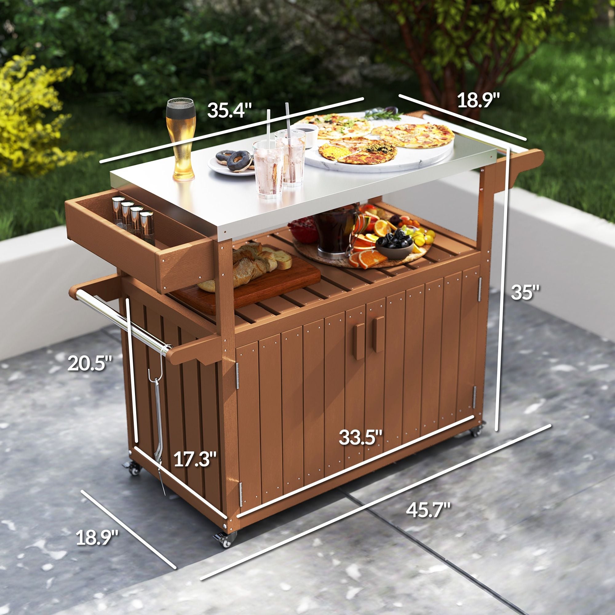 Outsunny Outdoor Bar Cart with Storage, Stainless Steel Outdoor Bar Table Top, Wheeled HDPE Kitchen Island for Food Prep, Brown - Comfortable Living Decor