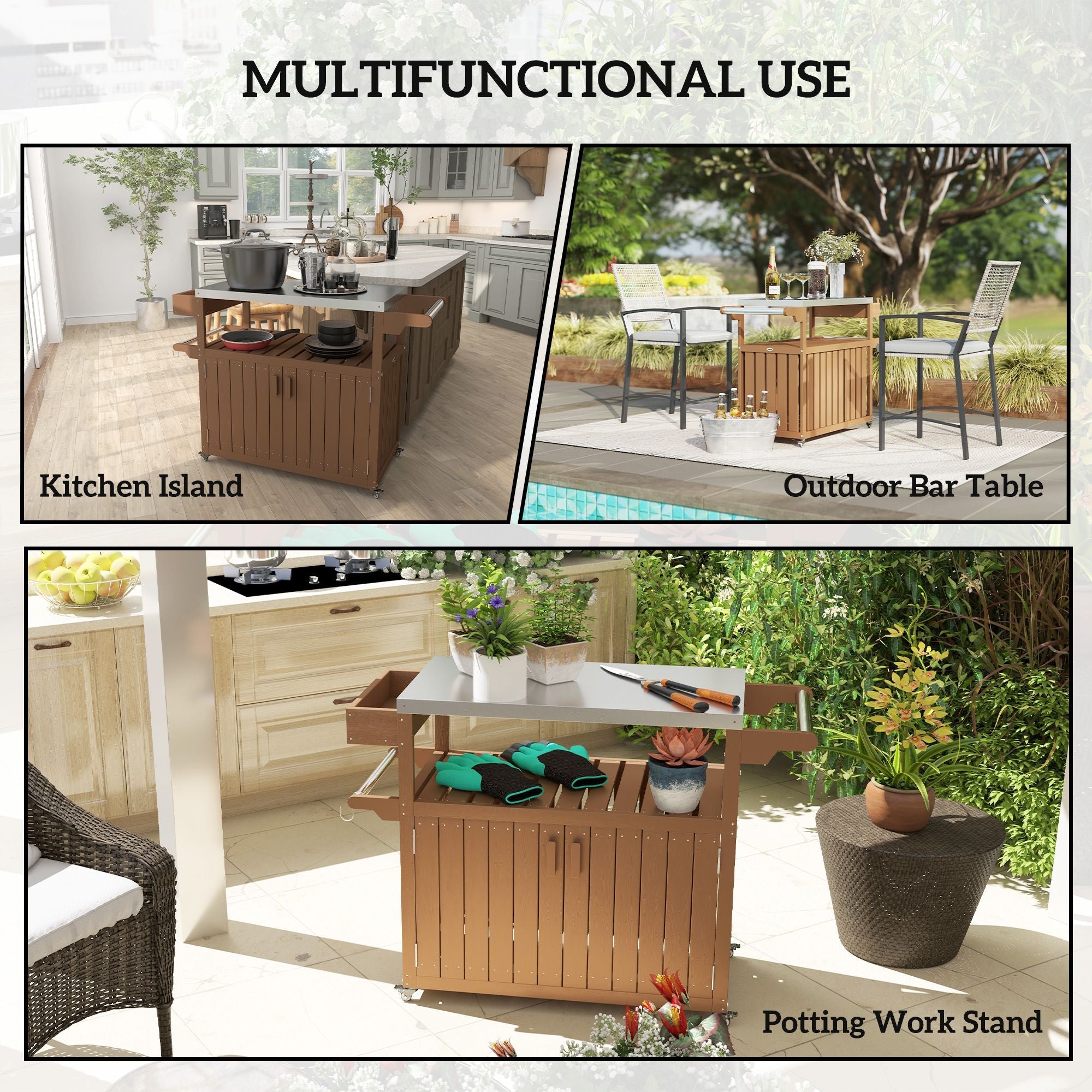 Outsunny Outdoor Bar Cart with Storage, Stainless Steel Outdoor Bar Table Top, Wheeled HDPE Kitchen Island for Food Prep, Brown - Comfortable Living Decor