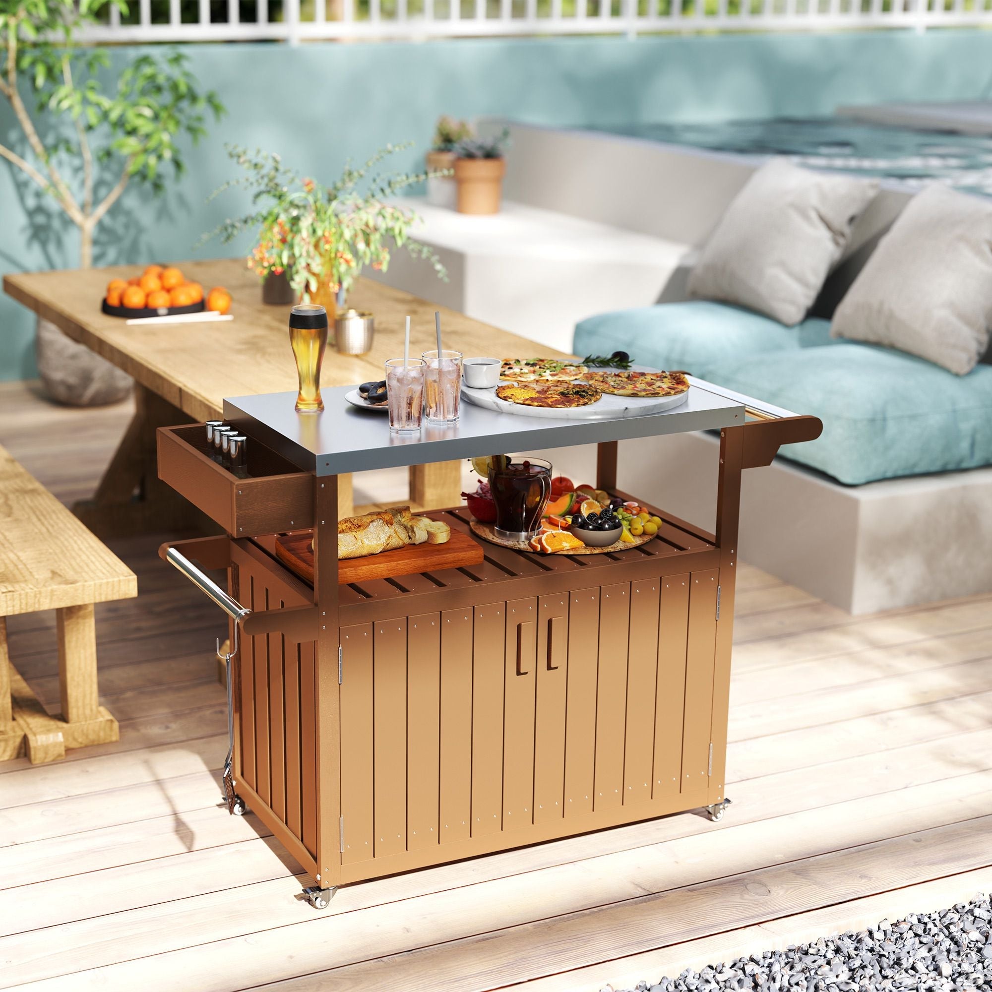 Outsunny Outdoor Bar Cart with Storage, Stainless Steel Outdoor Bar Table Top, Wheeled HDPE Kitchen Island for Food Prep, Brown - Comfortable Living Decor