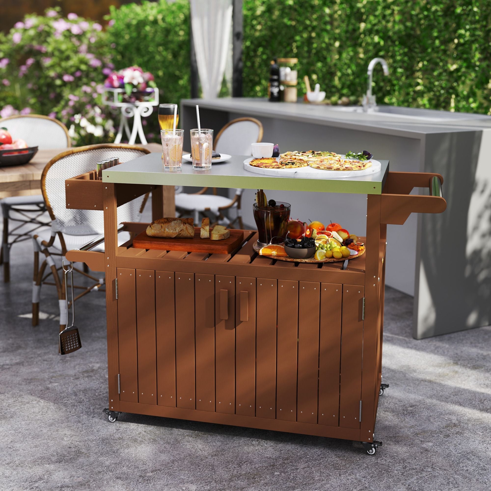 Outsunny Outdoor Bar Cart with Storage, Stainless Steel Outdoor Bar Table Top, Wheeled HDPE Kitchen Island for Food Prep, Brown - Comfortable Living Decor