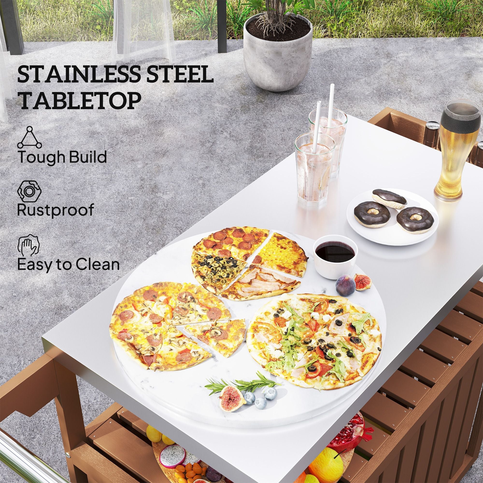Outsunny Outdoor Bar Cart with Storage, Stainless Steel Outdoor Bar Table Top, Wheeled HDPE Kitchen Island for Food Prep, Brown - Comfortable Living Decor