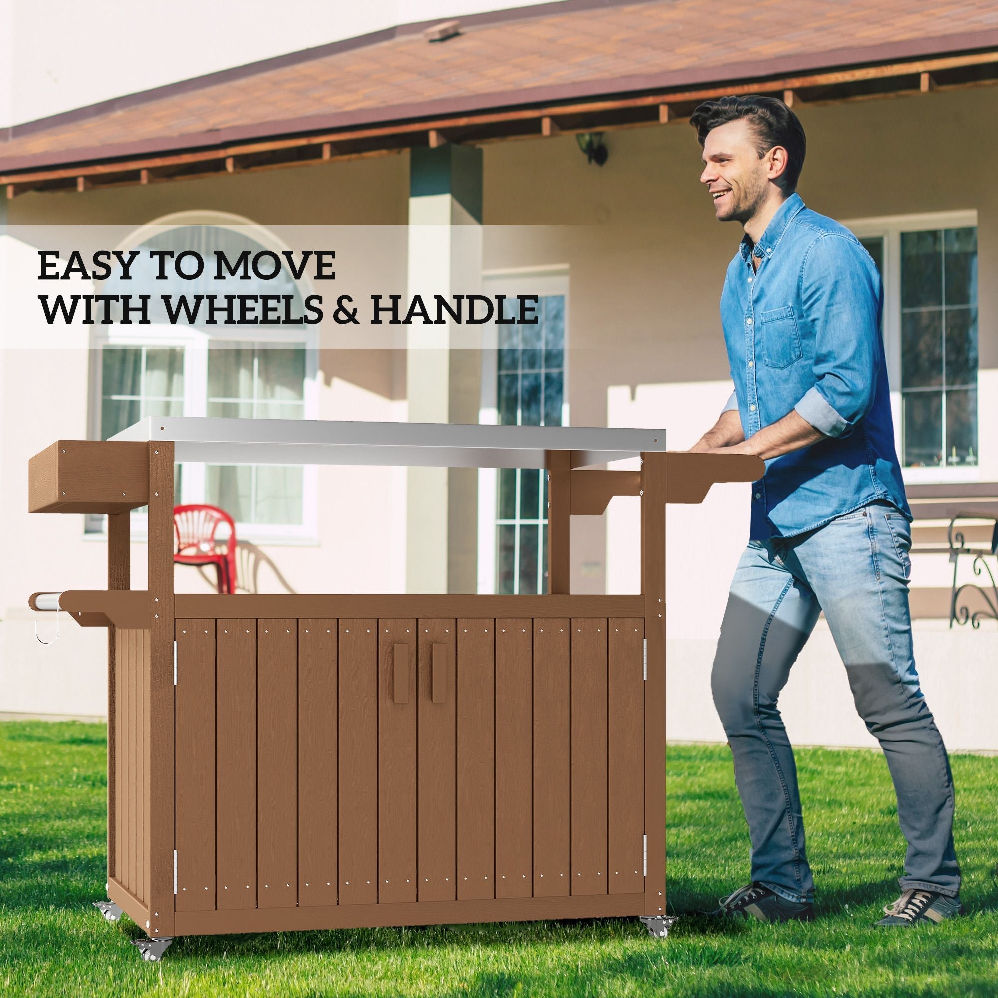 Outsunny Outdoor Bar Cart with Storage, Stainless Steel Outdoor Bar Table Top, Wheeled HDPE Kitchen Island for Food Prep, Brown - Comfortable Living Decor
