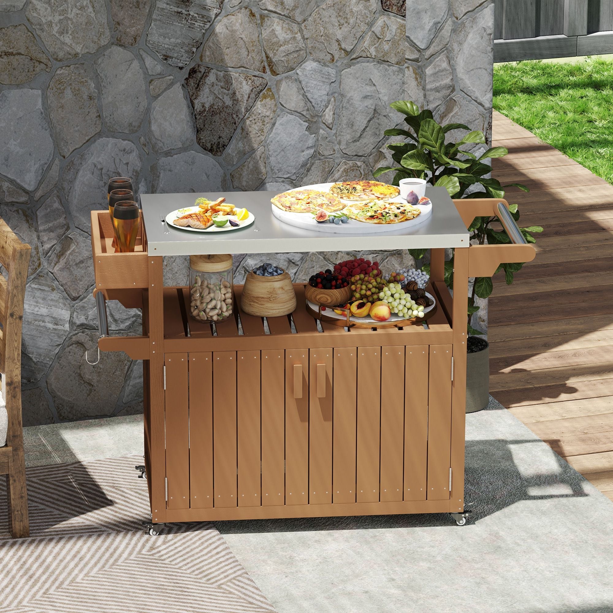 Outsunny Outdoor Bar Cart with Storage, Stainless Steel Outdoor Bar Table Top, Wheeled HDPE Kitchen Island for Food Prep, Brown - Comfortable Living Decor