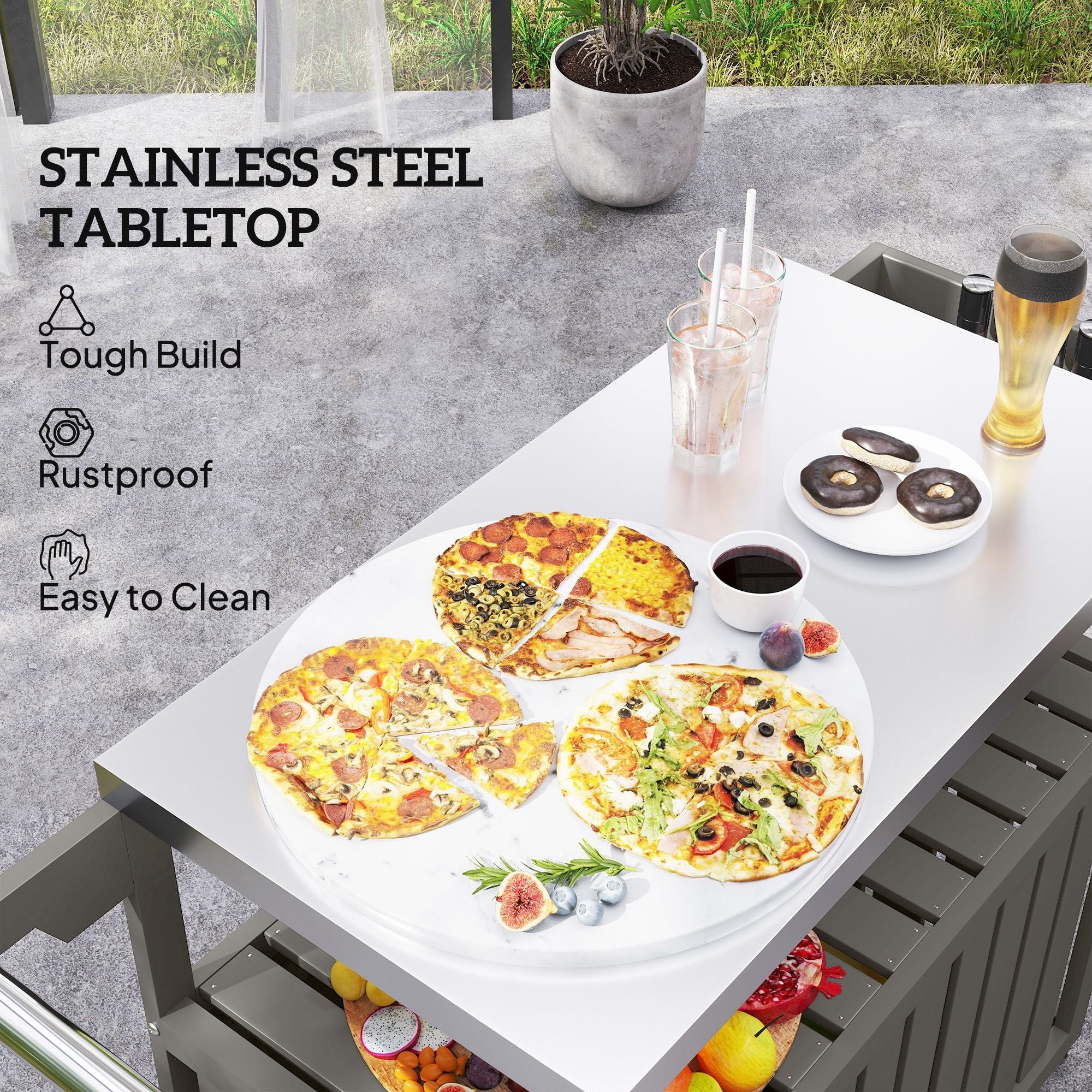 Outsunny Outdoor Bar Cart with Storage, Stainless Steel Outdoor Bar Table Top, Wheeled HDPE Kitchen Island for Food Prep, Gray - Comfortable Living Decor