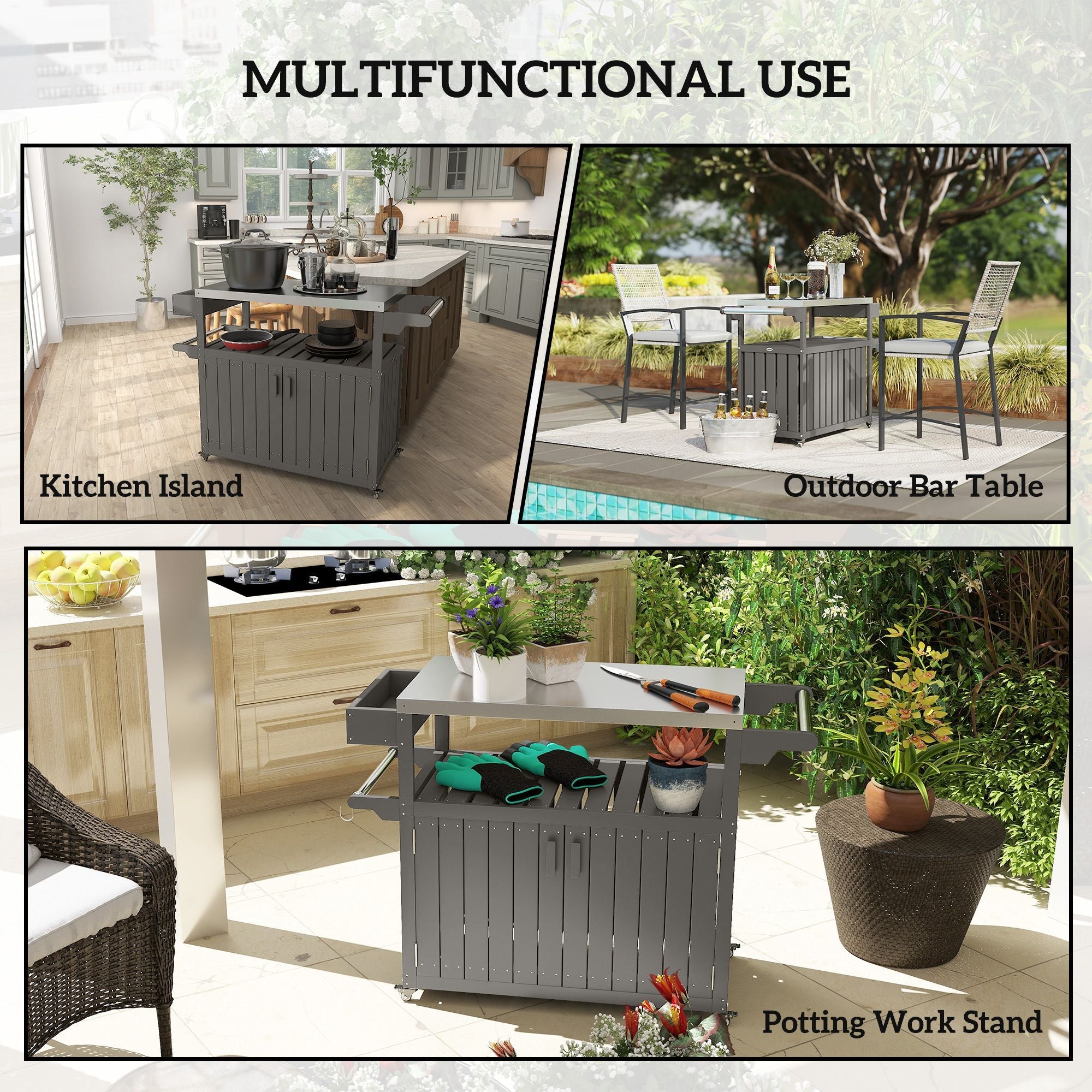 Outsunny Outdoor Bar Cart with Storage, Stainless Steel Outdoor Bar Table Top, Wheeled HDPE Kitchen Island for Food Prep, Gray - Comfortable Living Decor
