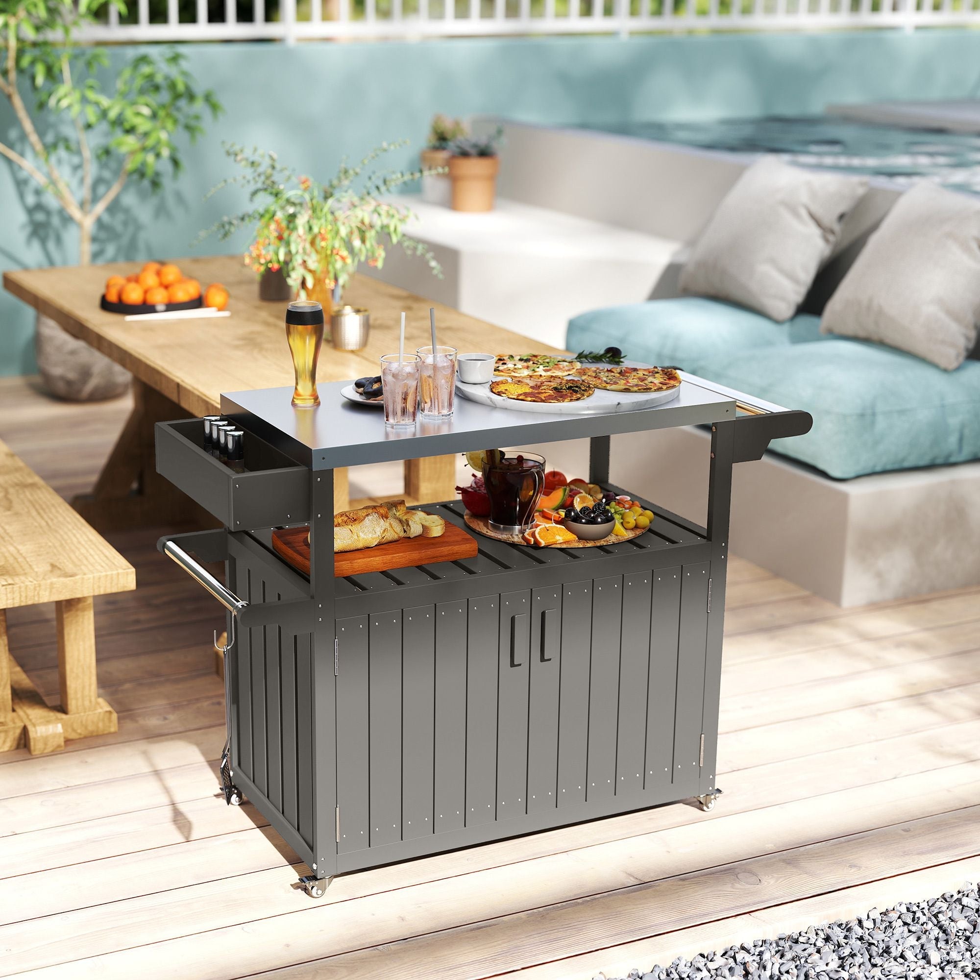 Outsunny Outdoor Bar Cart with Storage, Stainless Steel Outdoor Bar Table Top, Wheeled HDPE Kitchen Island for Food Prep, Gray - Comfortable Living Decor