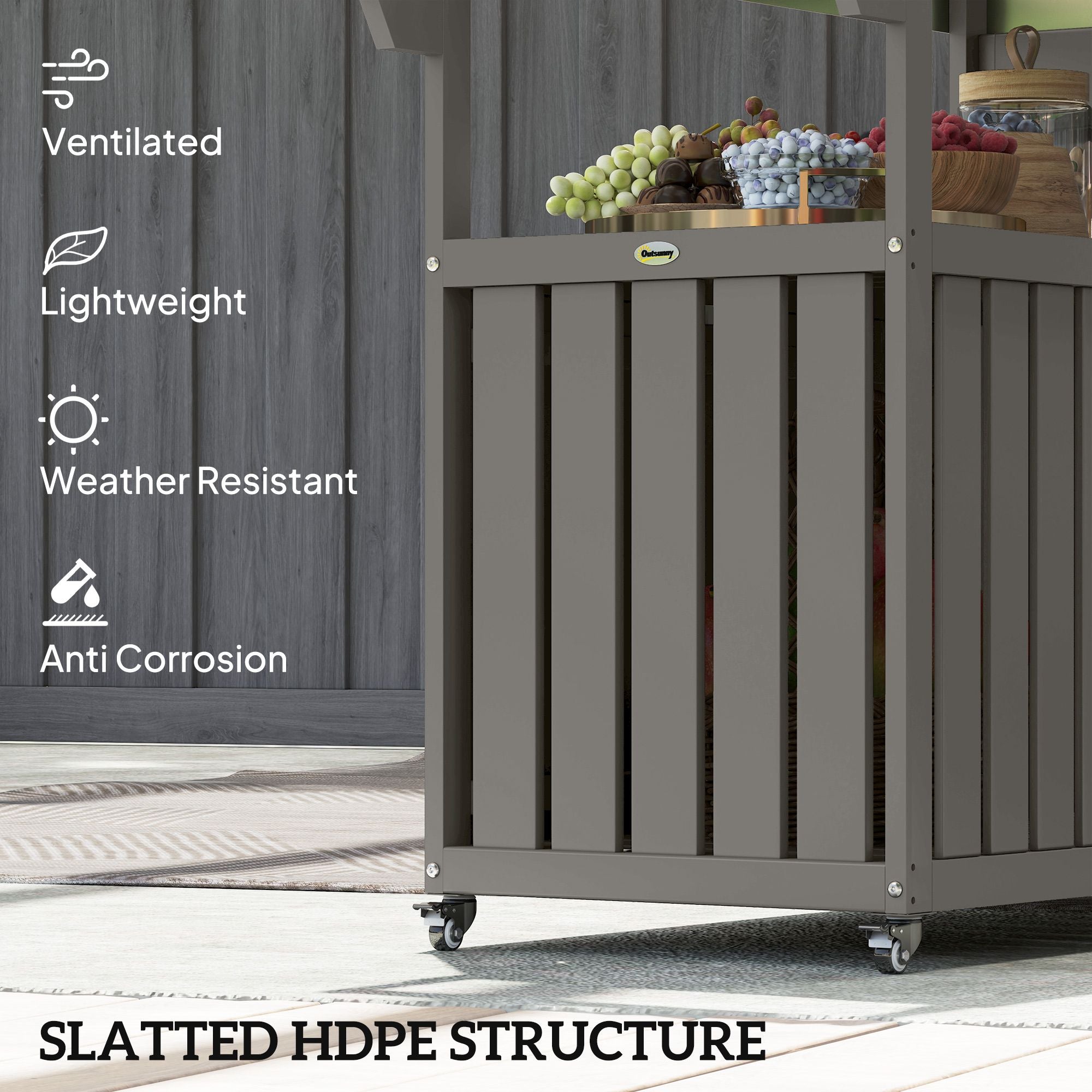 Outsunny Outdoor Bar Cart with Storage, Stainless Steel Outdoor Bar Table Top, Wheeled HDPE Kitchen Island for Food Prep, Gray - Comfortable Living Decor