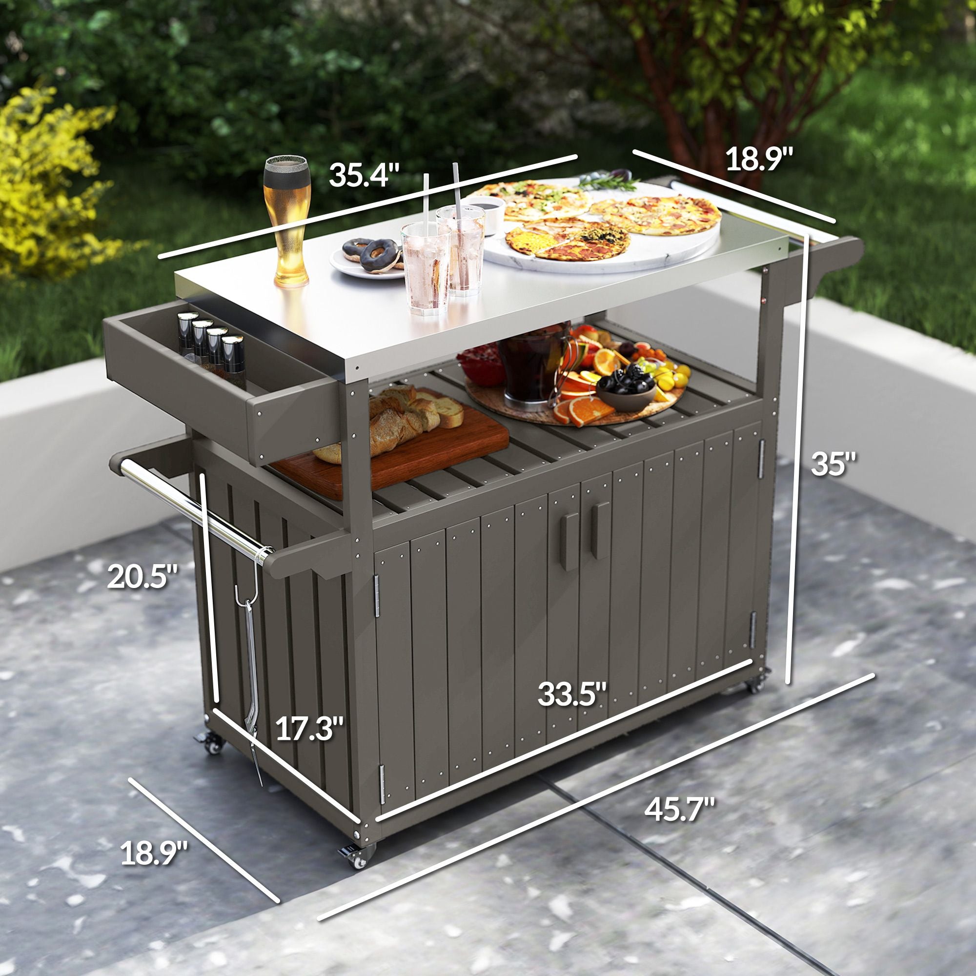 Outsunny Outdoor Bar Cart with Storage, Stainless Steel Outdoor Bar Table Top, Wheeled HDPE Kitchen Island for Food Prep, Gray - Comfortable Living Decor