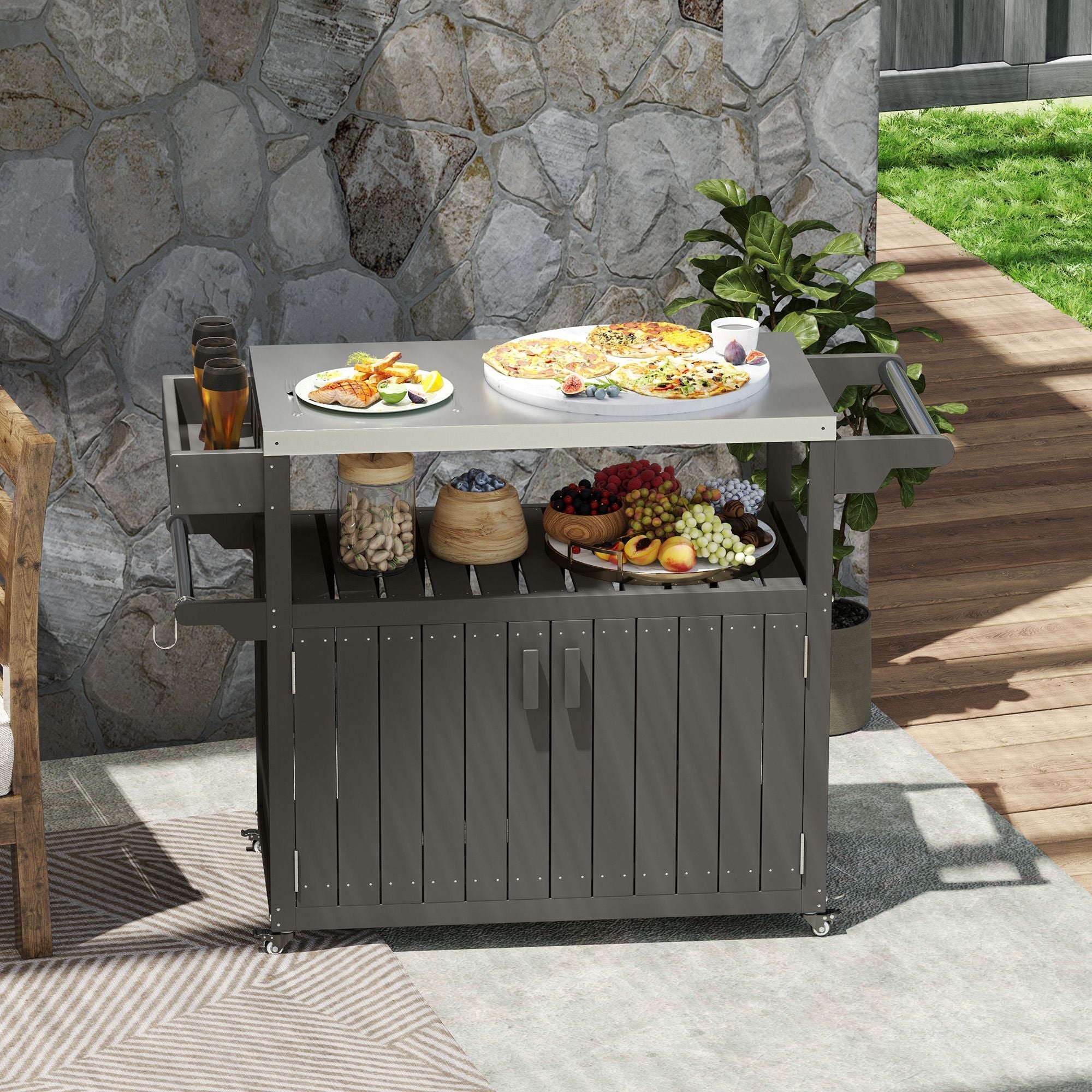 Outsunny Outdoor Bar Cart with Storage, Stainless Steel Outdoor Bar Table Top, Wheeled HDPE Kitchen Island for Food Prep, Gray - Comfortable Living Decor
