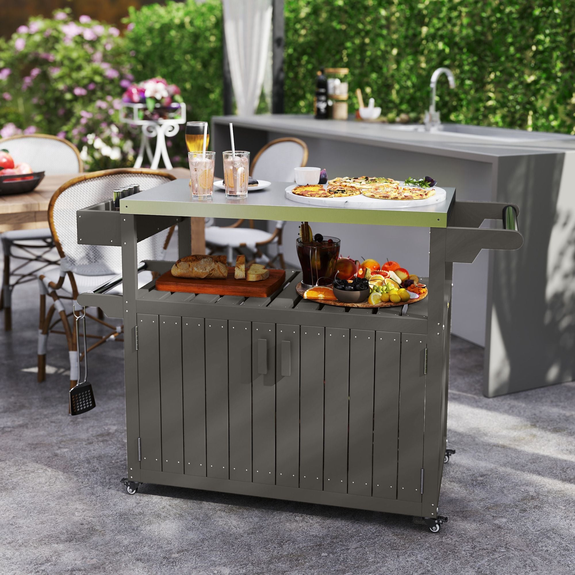 Outsunny Outdoor Bar Cart with Storage, Stainless Steel Outdoor Bar Table Top, Wheeled HDPE Kitchen Island for Food Prep, Gray - Comfortable Living Decor