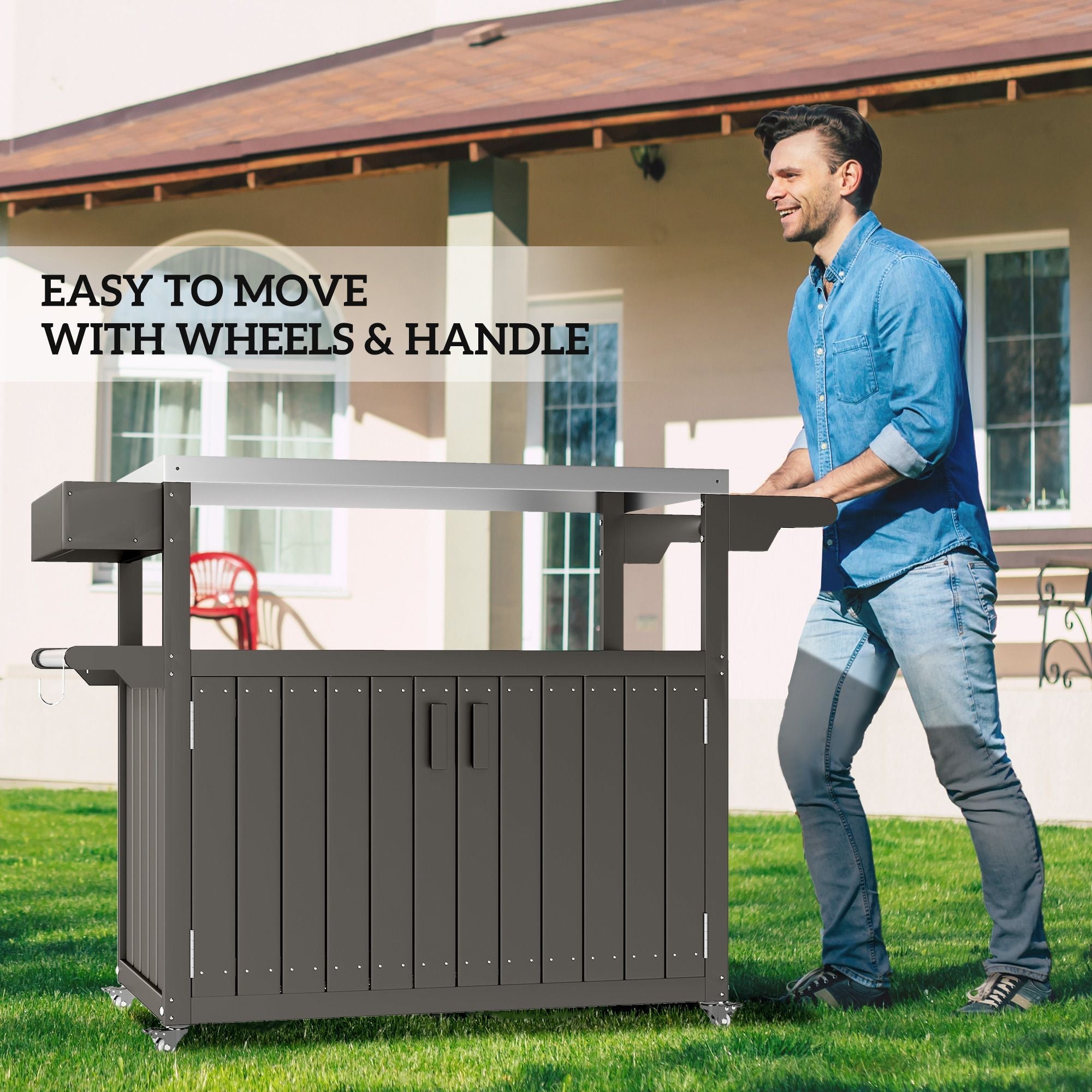 Outsunny Outdoor Bar Cart with Storage, Stainless Steel Outdoor Bar Table Top, Wheeled HDPE Kitchen Island for Food Prep, Gray - Comfortable Living Decor