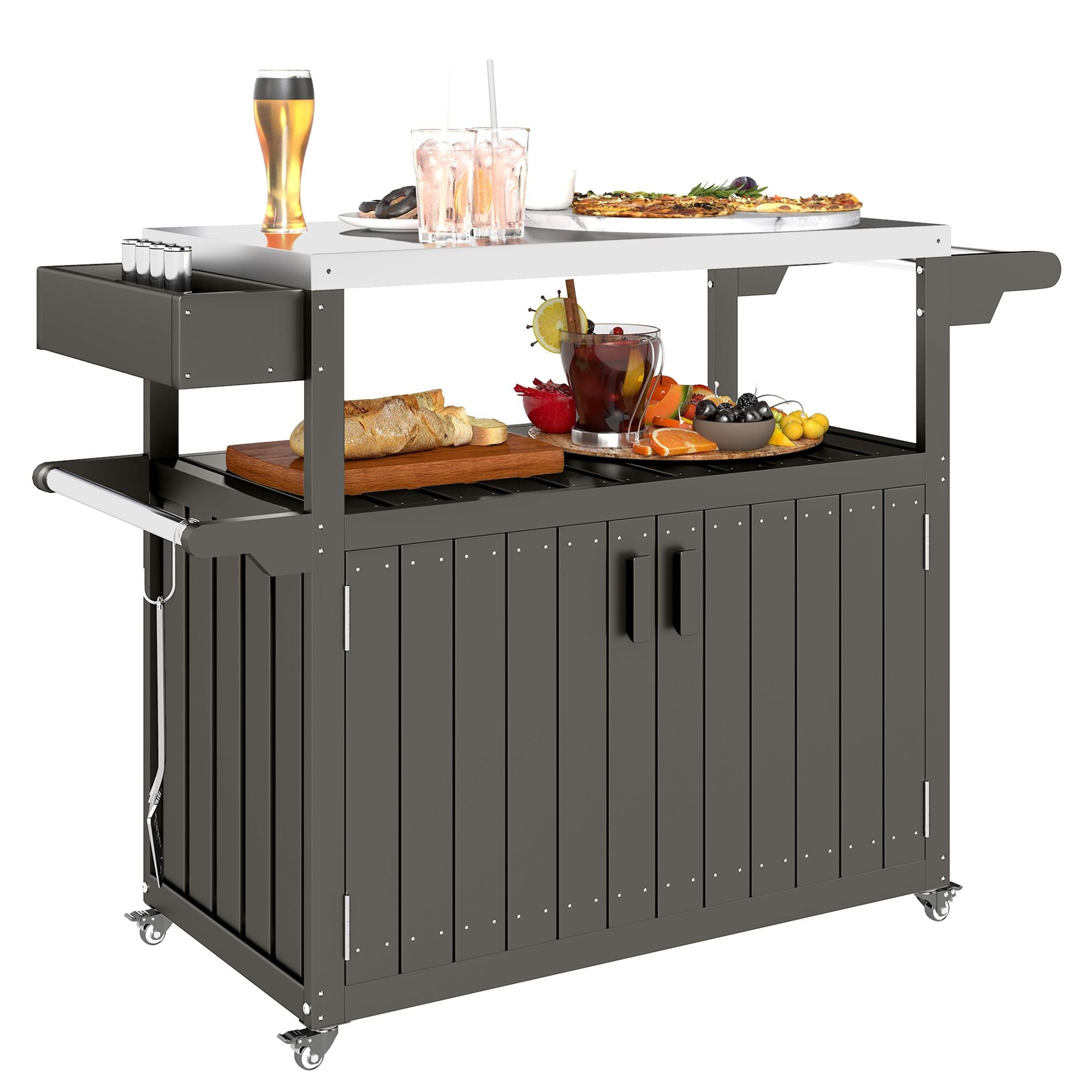 Outsunny Outdoor Bar Cart with Storage, Stainless Steel Outdoor Bar Table Top, Wheeled HDPE Kitchen Island for Food Prep, Gray - Comfortable Living Decor
