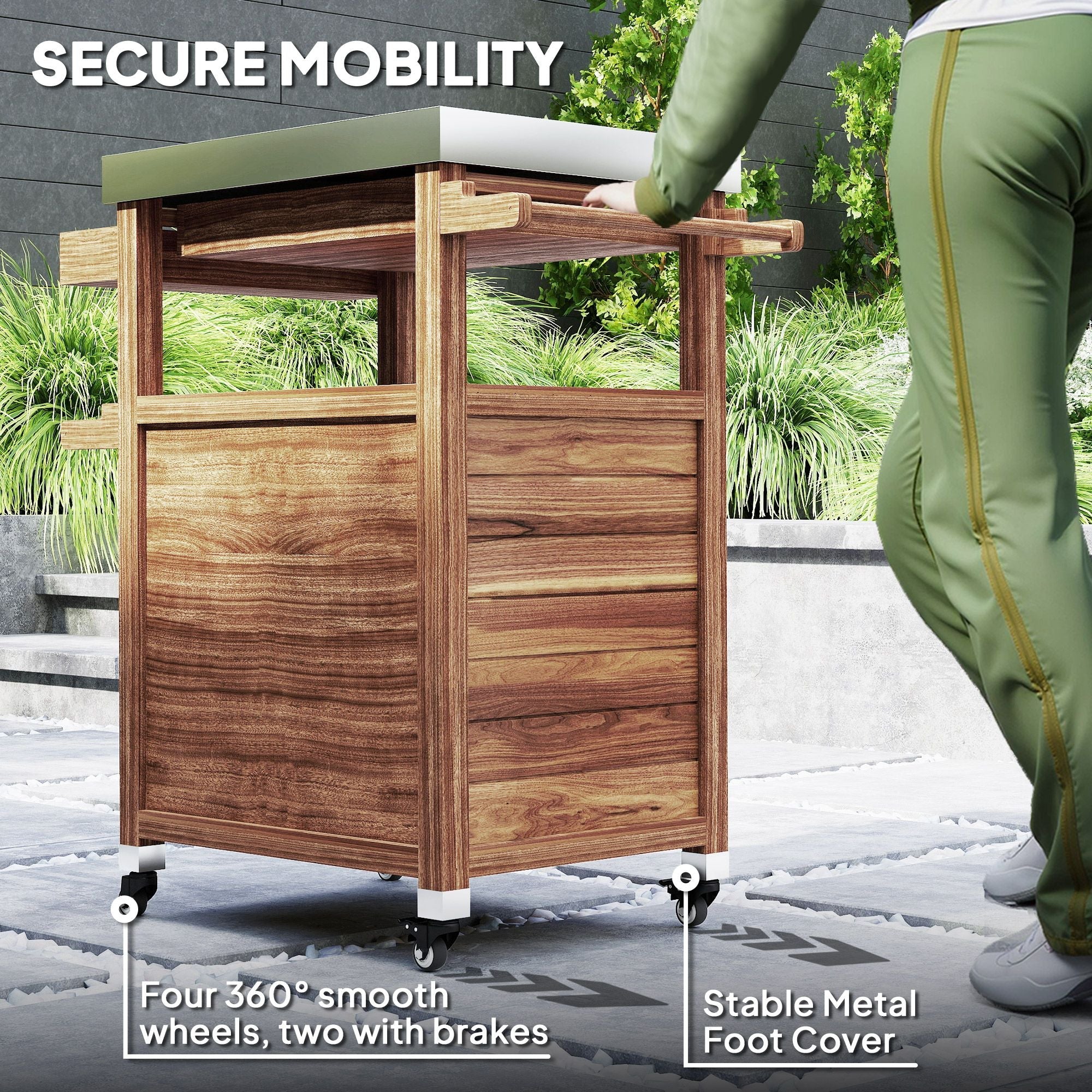 Outsunny Outdoor Grill Cart with Stainless Steel Top, Solid Wood Outdoor Kitchen Island with Wheels, Drawer, Side Handle, Brown - Comfortable Living Decor
