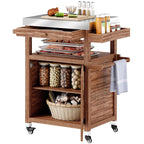 Outsunny Outdoor Grill Cart with Stainless Steel Top, Solid Wood Outdoor Kitchen Island with Wheels, Drawer, Side Handle, Brown - Comfortable Living Decor