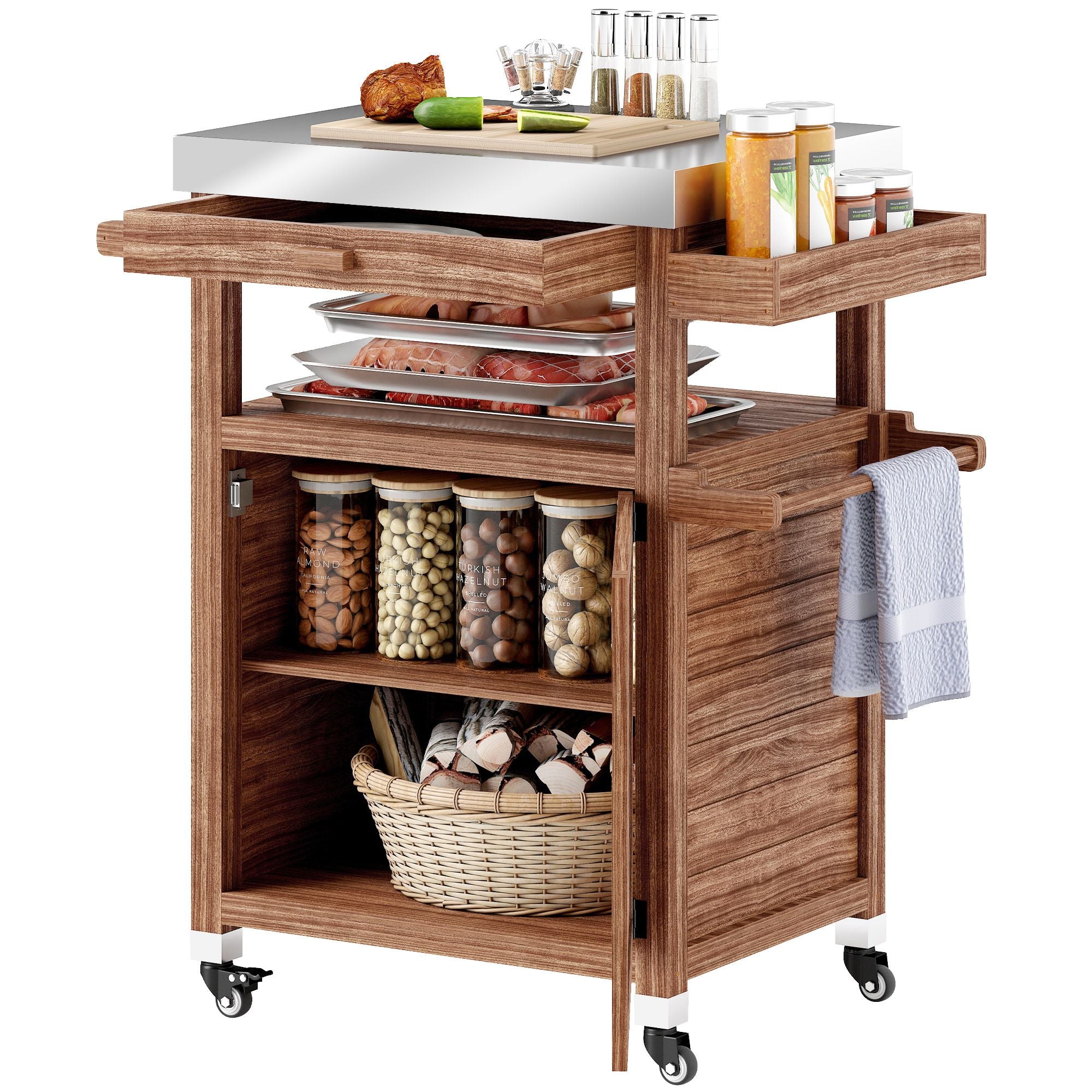 Outsunny Outdoor Grill Cart with Stainless Steel Top, Solid Wood Outdoor Kitchen Island with Wheels, Drawer, Side Handle, Brown - Comfortable Living Decor