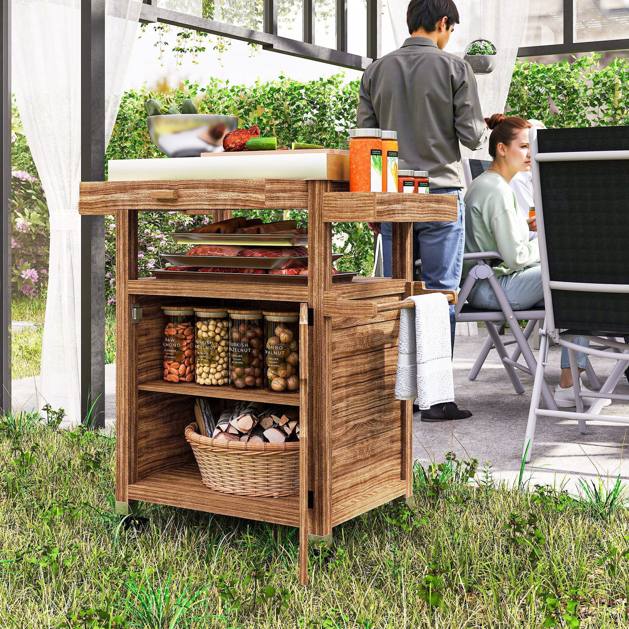 Outsunny Outdoor Grill Cart with Stainless Steel Top, Solid Wood Outdoor Kitchen Island with Wheels, Drawer, Side Handle, Brown - Comfortable Living Decor