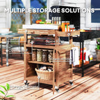 Outsunny Outdoor Grill Cart with Stainless Steel Top, Solid Wood Outdoor Kitchen Island with Wheels, Drawer, Side Handle, Brown - Comfortable Living Decor