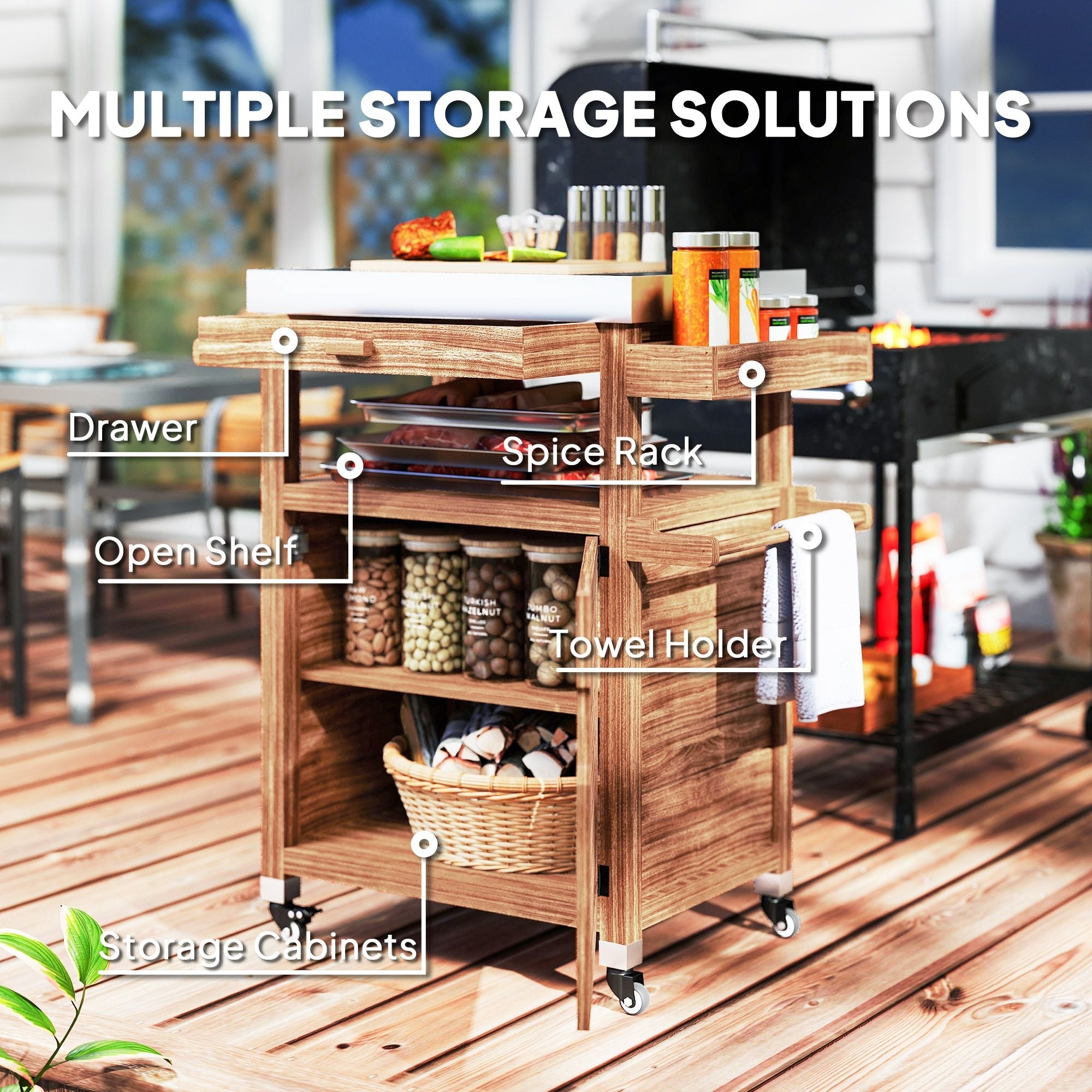 Outsunny Outdoor Grill Cart with Stainless Steel Top, Solid Wood Outdoor Kitchen Island with Wheels, Drawer, Side Handle, Brown - Comfortable Living Decor