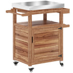 Outsunny Outdoor Grill Cart with Stainless Steel Top, Solid Wood Outdoor Kitchen Island with Wheels, Drawer, Side Handle, Brown - Comfortable Living Decor