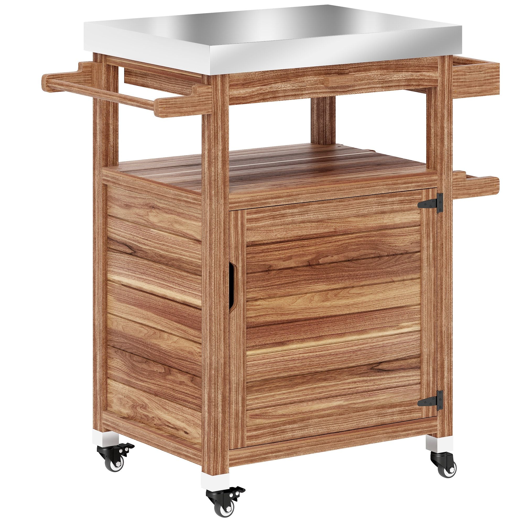 Outsunny Outdoor Grill Cart with Stainless Steel Top, Solid Wood Outdoor Kitchen Island with Wheels, Drawer, Side Handle, Brown - Comfortable Living Decor