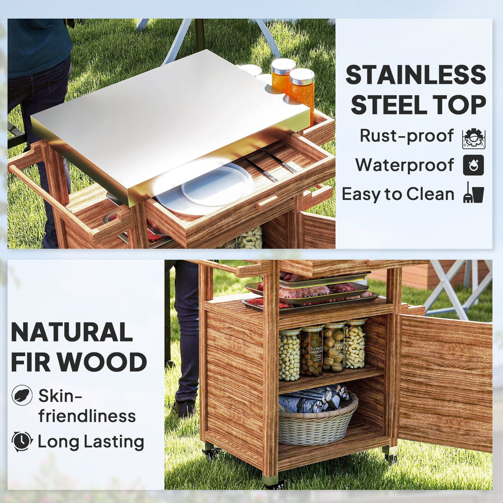 Outsunny Outdoor Grill Cart with Stainless Steel Top, Solid Wood Outdoor Kitchen Island with Wheels, Drawer, Side Handle, Brown - Comfortable Living Decor