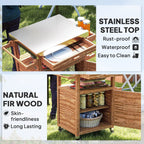 Outsunny Outdoor Grill Cart with Stainless Steel Top, Solid Wood Outdoor Kitchen Island with Wheels, Drawer, Side Handle, Brown - Comfortable Living Decor