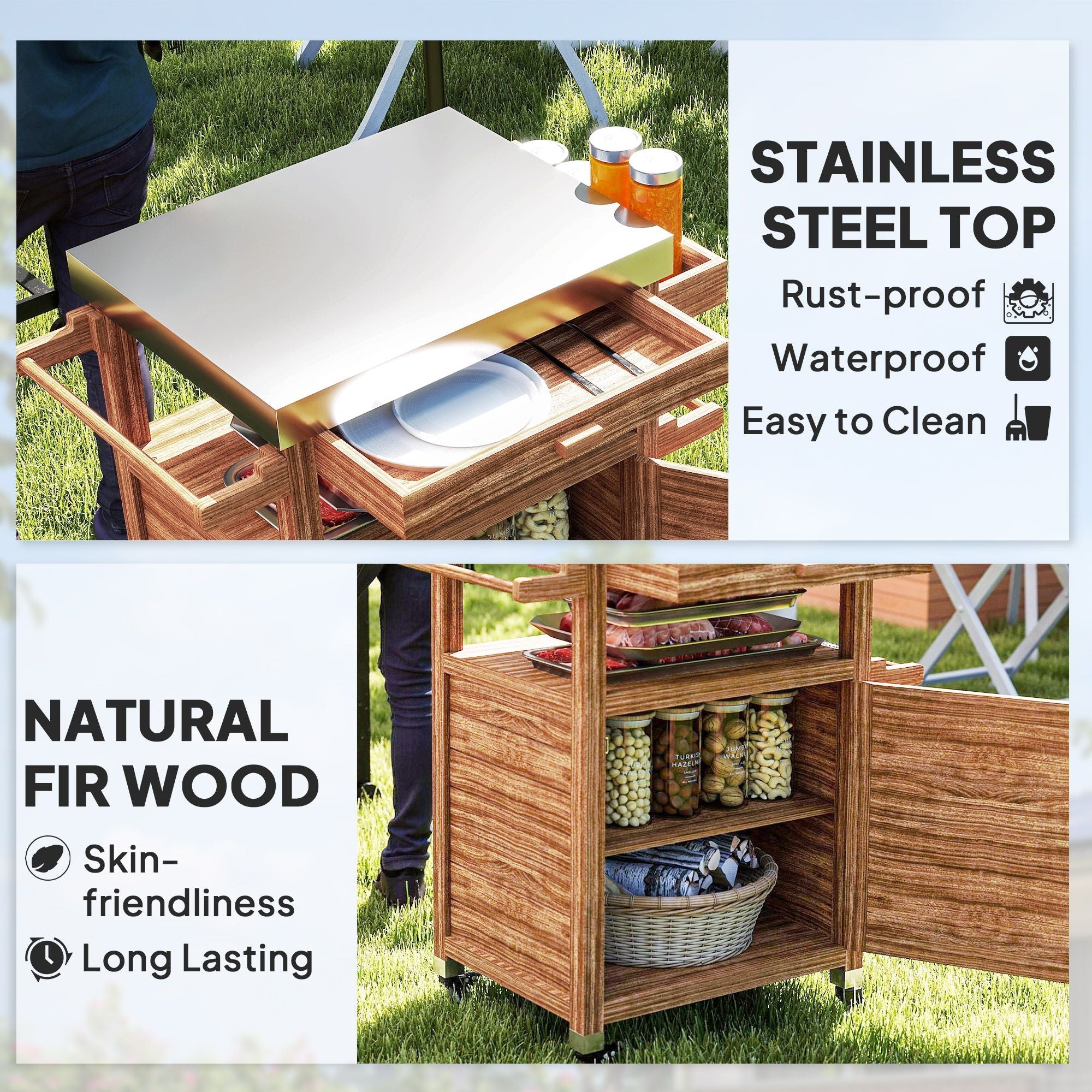 Outsunny Outdoor Grill Cart with Stainless Steel Top, Solid Wood Outdoor Kitchen Island with Wheels, Drawer, Side Handle, Brown - Comfortable Living Decor