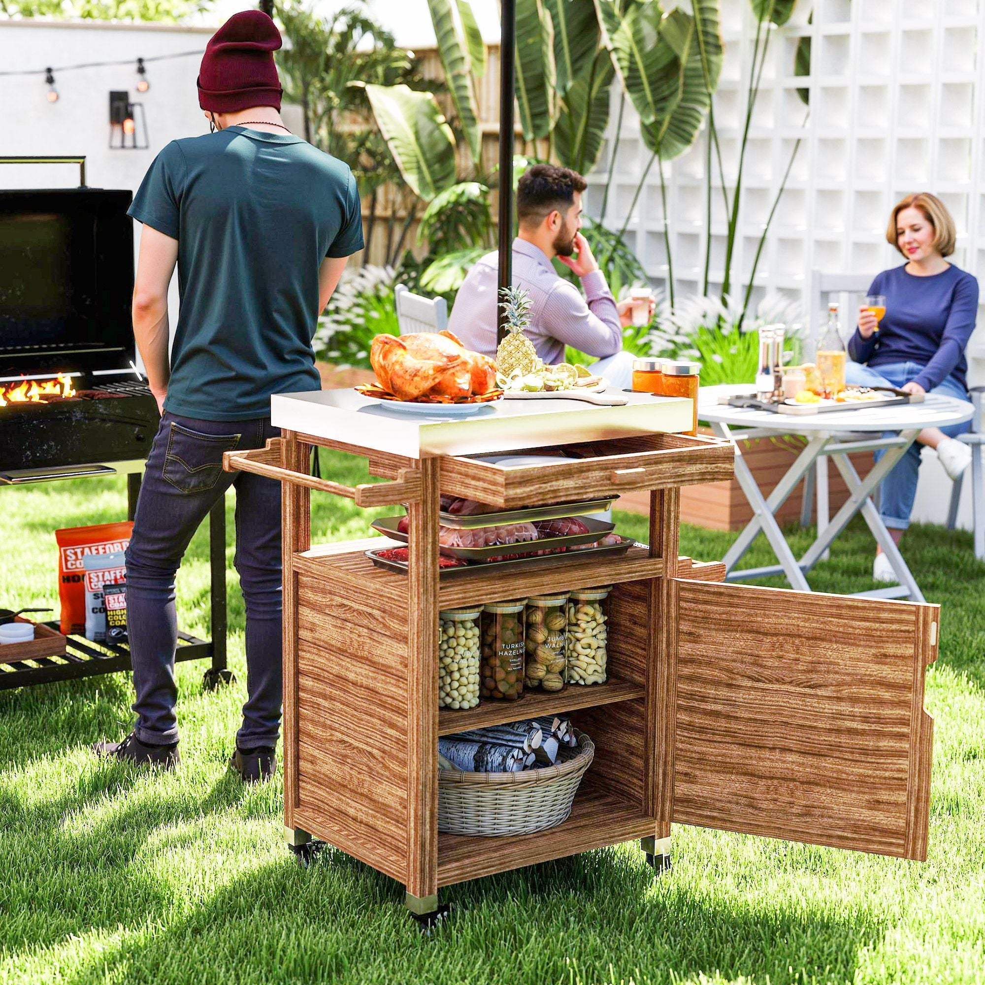 Outsunny Outdoor Grill Cart with Stainless Steel Top, Solid Wood Outdoor Kitchen Island with Wheels, Drawer, Side Handle, Brown - Comfortable Living Decor