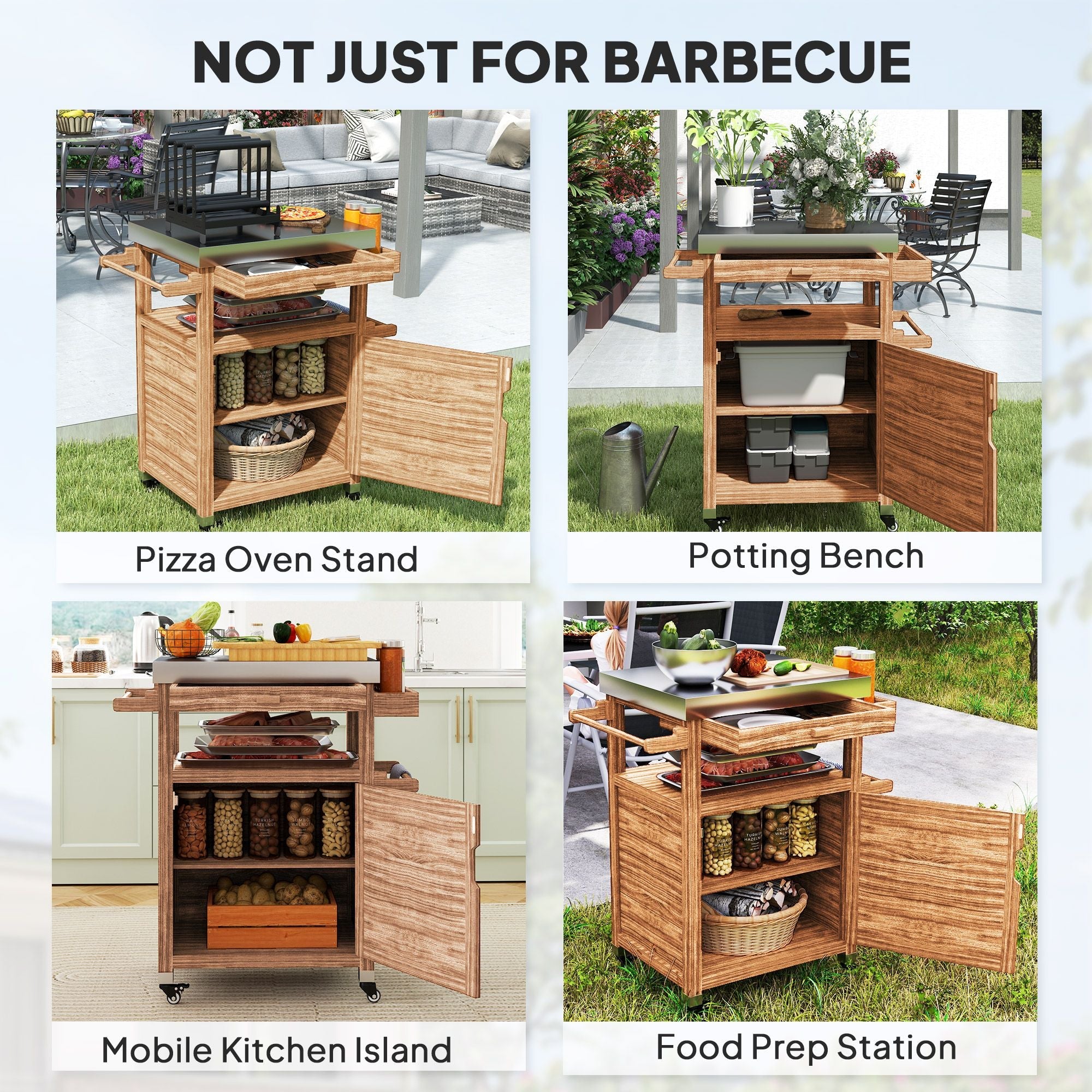 Outsunny Outdoor Grill Cart with Stainless Steel Top, Solid Wood Outdoor Kitchen Island with Wheels, Drawer, Side Handle, Brown - Comfortable Living Decor