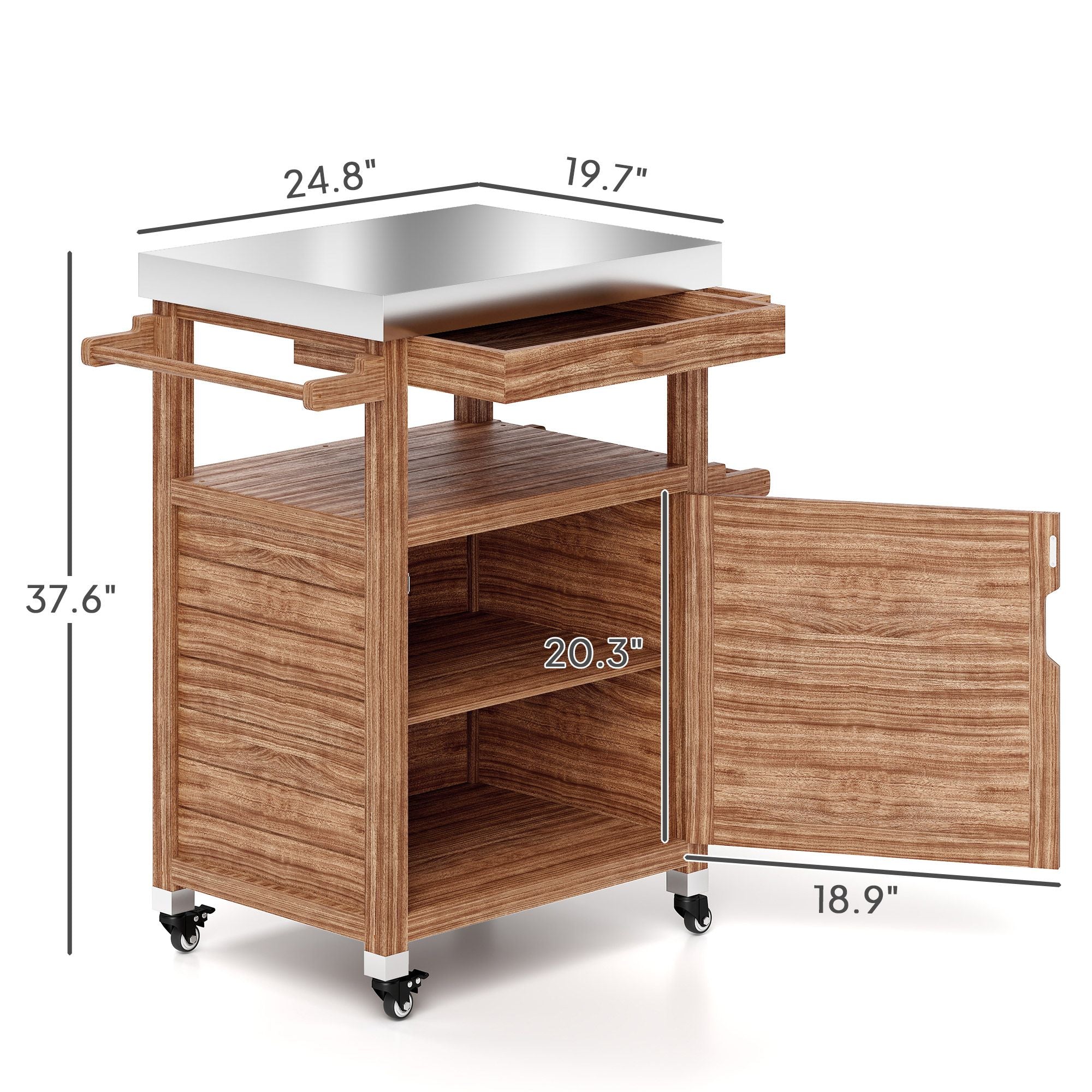 Outsunny Outdoor Grill Cart with Stainless Steel Top, Solid Wood Outdoor Kitchen Island with Wheels, Drawer, Side Handle, Brown - Comfortable Living Decor