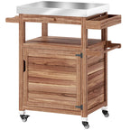 Outsunny Outdoor Grill Cart with Stainless Steel Top, Solid Wood Outdoor Kitchen Island with Wheels, Drawer, Side Handle, Brown - Comfortable Living Decor
