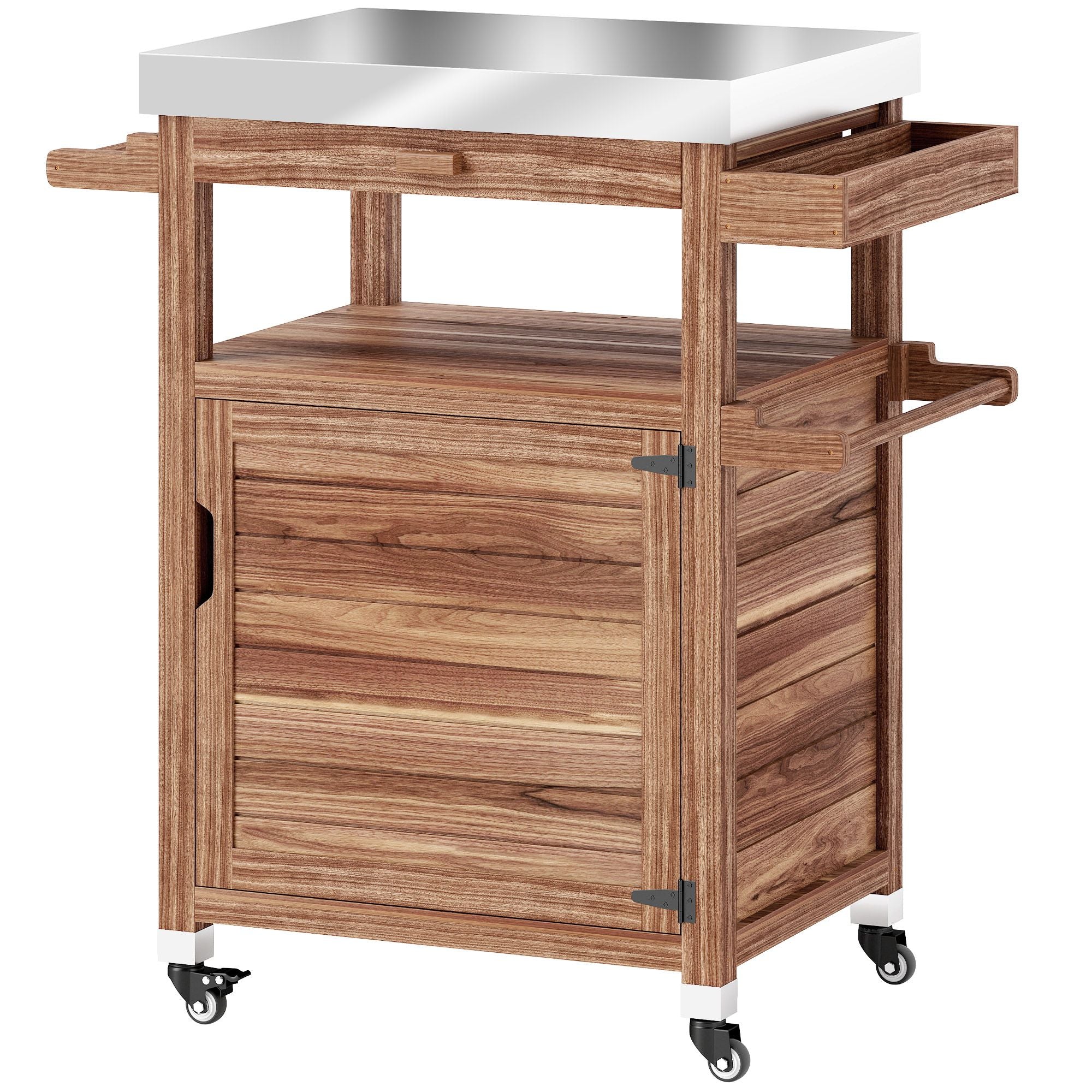 Outsunny Outdoor Grill Cart with Stainless Steel Top, Solid Wood Outdoor Kitchen Island with Wheels, Drawer, Side Handle, Brown - Comfortable Living Decor