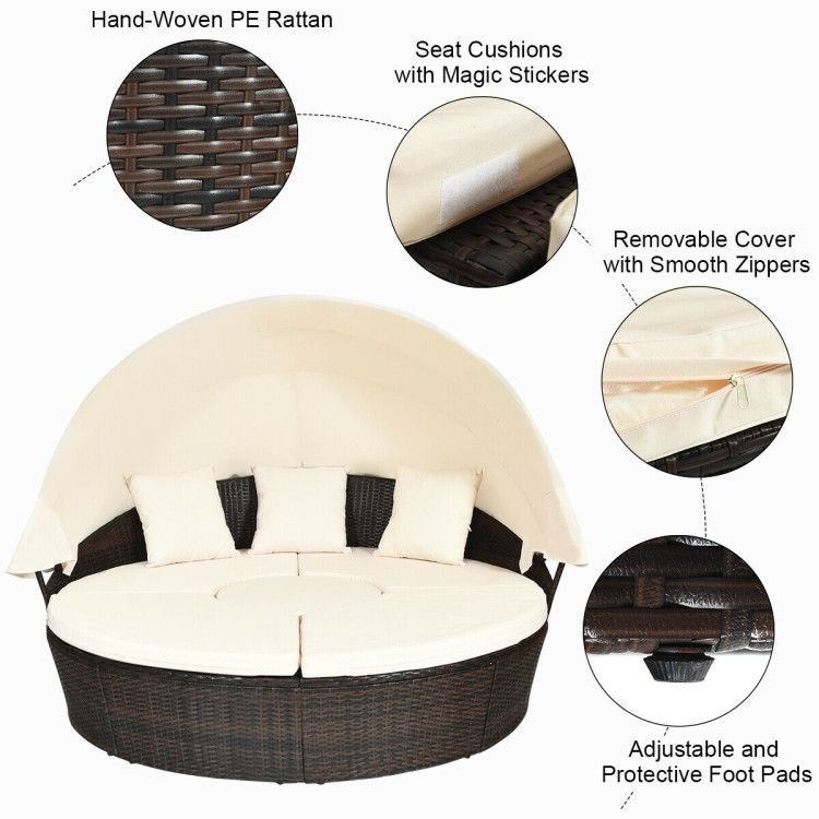 Patio Round Daybed Rattan Furniture Sets with Canopy - Comfortable Living Decor
