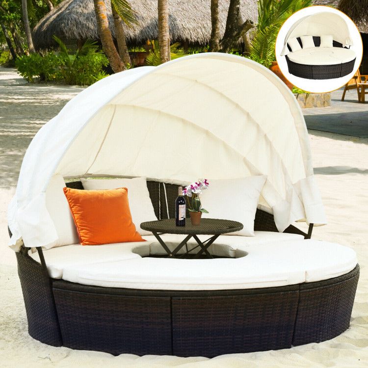 Patio Round Daybed Rattan Furniture Sets with Canopy - Comfortable Living Decor