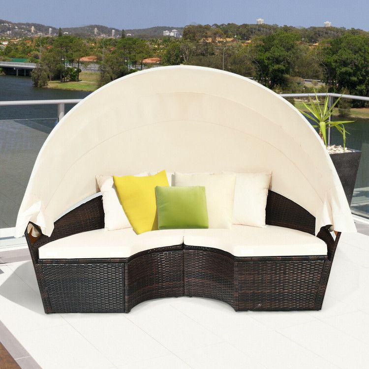 Patio Round Daybed Rattan Furniture Sets with Canopy - Comfortable Living Decor